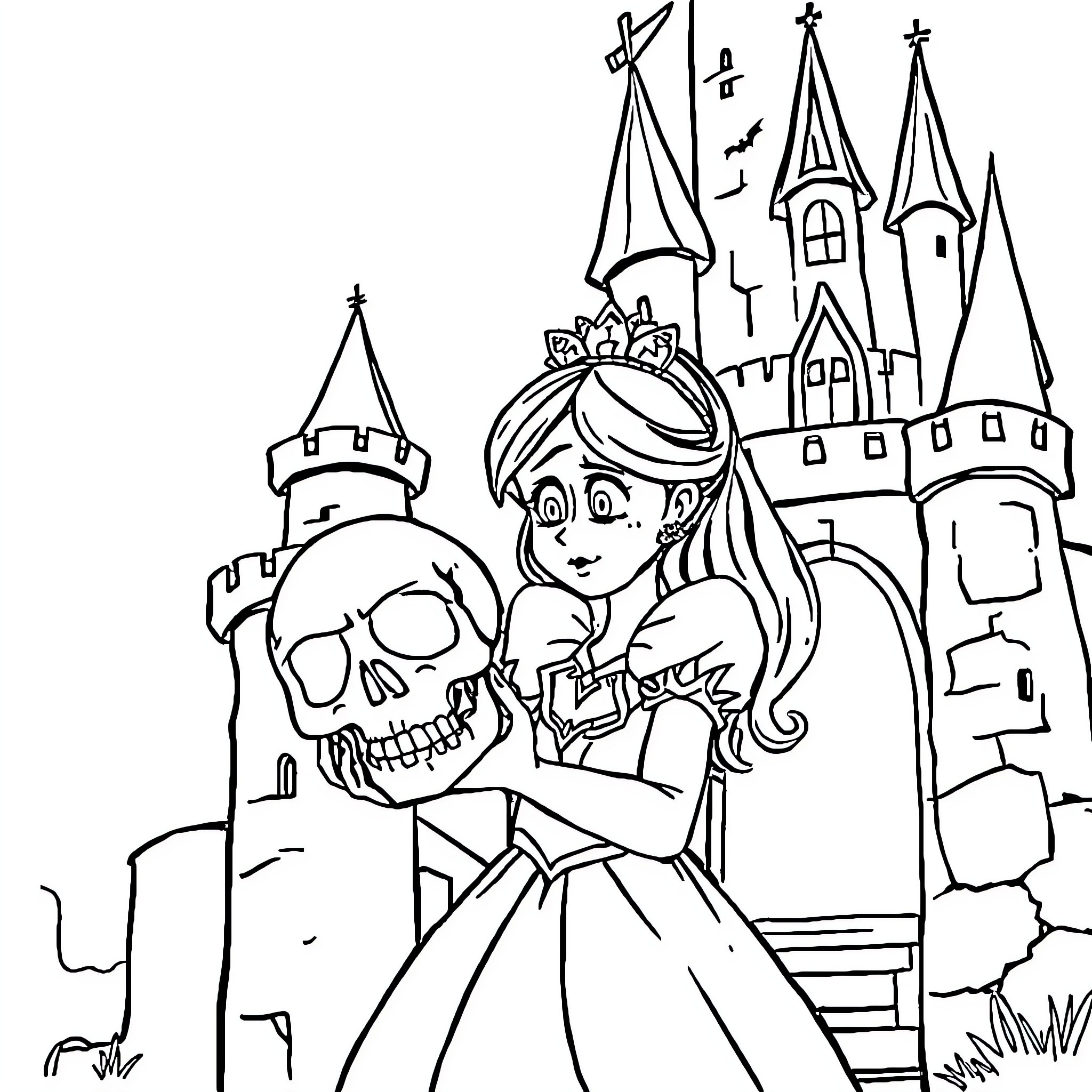 Princess Embracing Bone-Filled Skull in Enchanted Castle Coloring Page (free black-and-white line drawing printable PDF for all, from beginners to advanced learners, including children, teens, adults, and seniors)