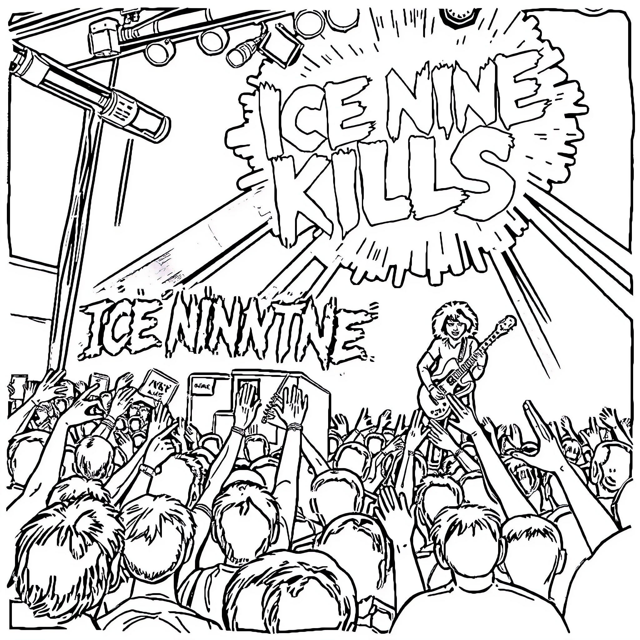 Ice Nine Kills Performing On Stage With Energetic Crowd Coloring Page (free black-and-white line drawing printable PDF for all, from beginners to advanced learners, including children, teens, adults, and seniors)
