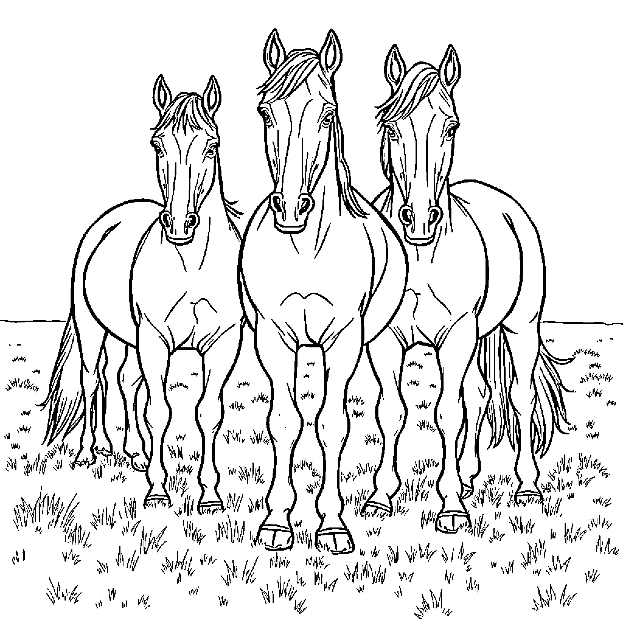 Horse trio standing together in a field Coloring Page (free black-and-white line drawing printable PDF for all, from beginners to advanced learners, including children, teens, adults, and seniors)
