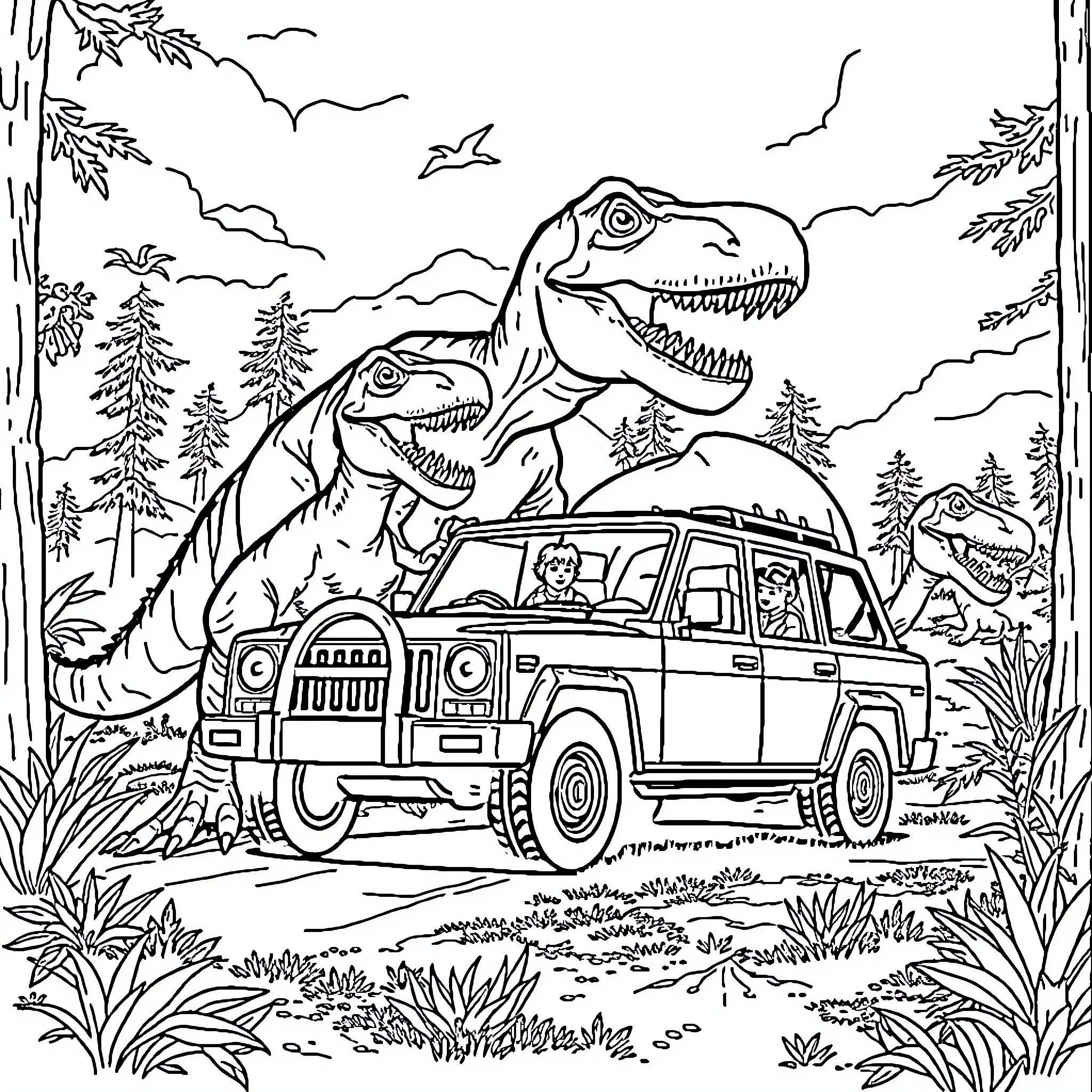 Dinosaur chase through the wilderness in a jeep Coloring Page (free black-and-white line drawing printable PDF for all, from beginners to advanced learners, including children, teens, adults, and seniors)