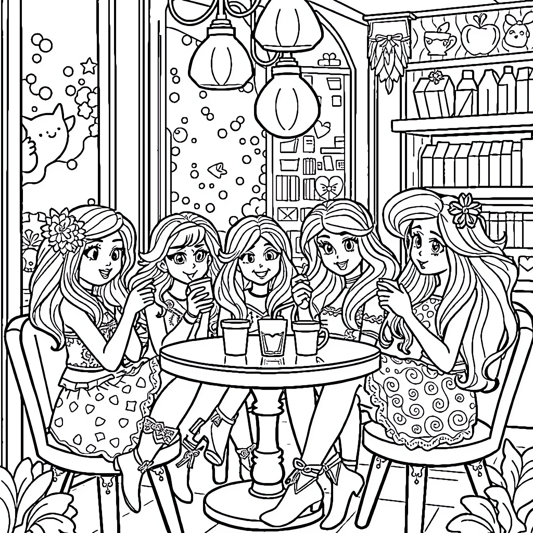 Rainbow Brite girls enjoying a fun tea party Coloring Page (free black-and-white line drawing printable PDF for all, from beginners to advanced learners, including children, teens, adults, and seniors)