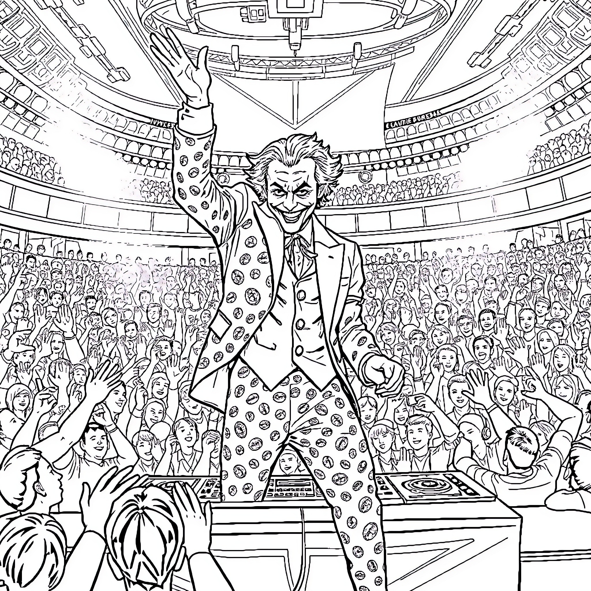 Joker entertaining a raucous crowd in the theater Coloring Page (free black-and-white line drawing printable PDF for all, from beginners to advanced learners, including children, teens, adults, and seniors)