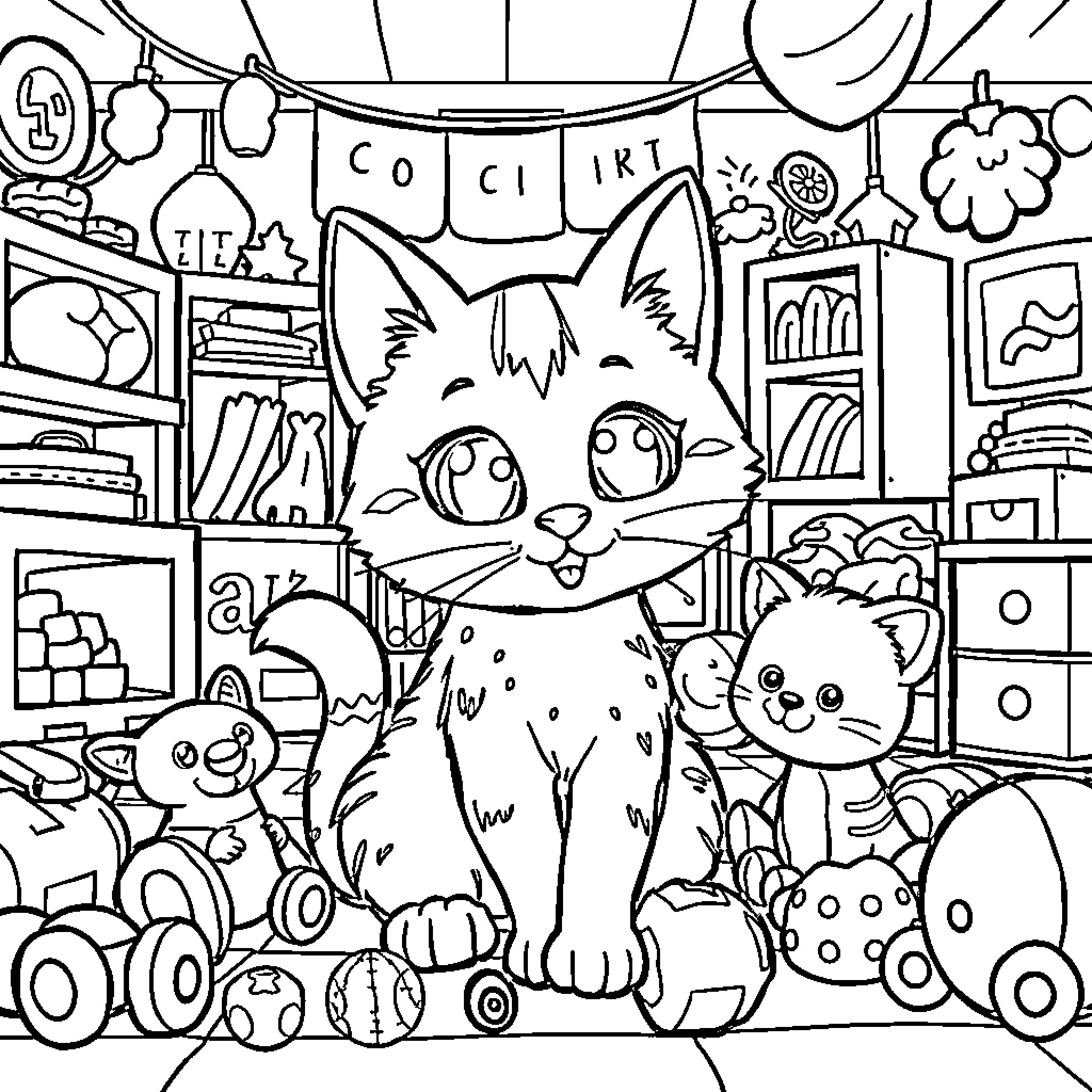 Cat friends in a playful art room Coloring Page (free black-and-white line drawing printable PDF for all, from beginners to advanced learners, including children, teens, adults, and seniors)