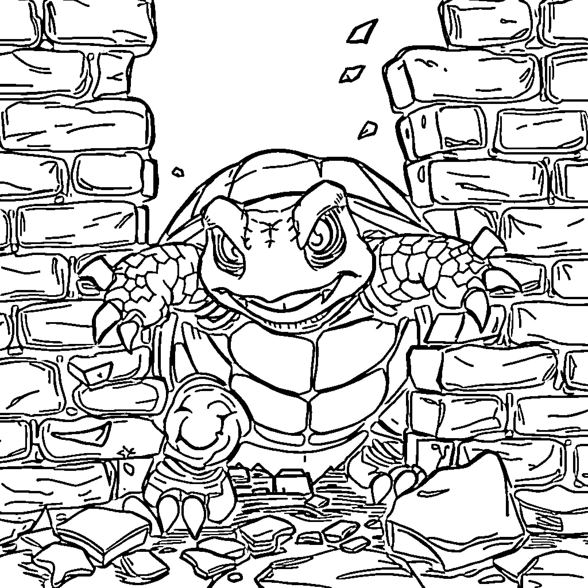Turtle peeking out from behind the brick wall Coloring Page (free black-and-white line drawing printable PDF for all, from beginners to advanced learners, including children, teens, adults, and seniors)
