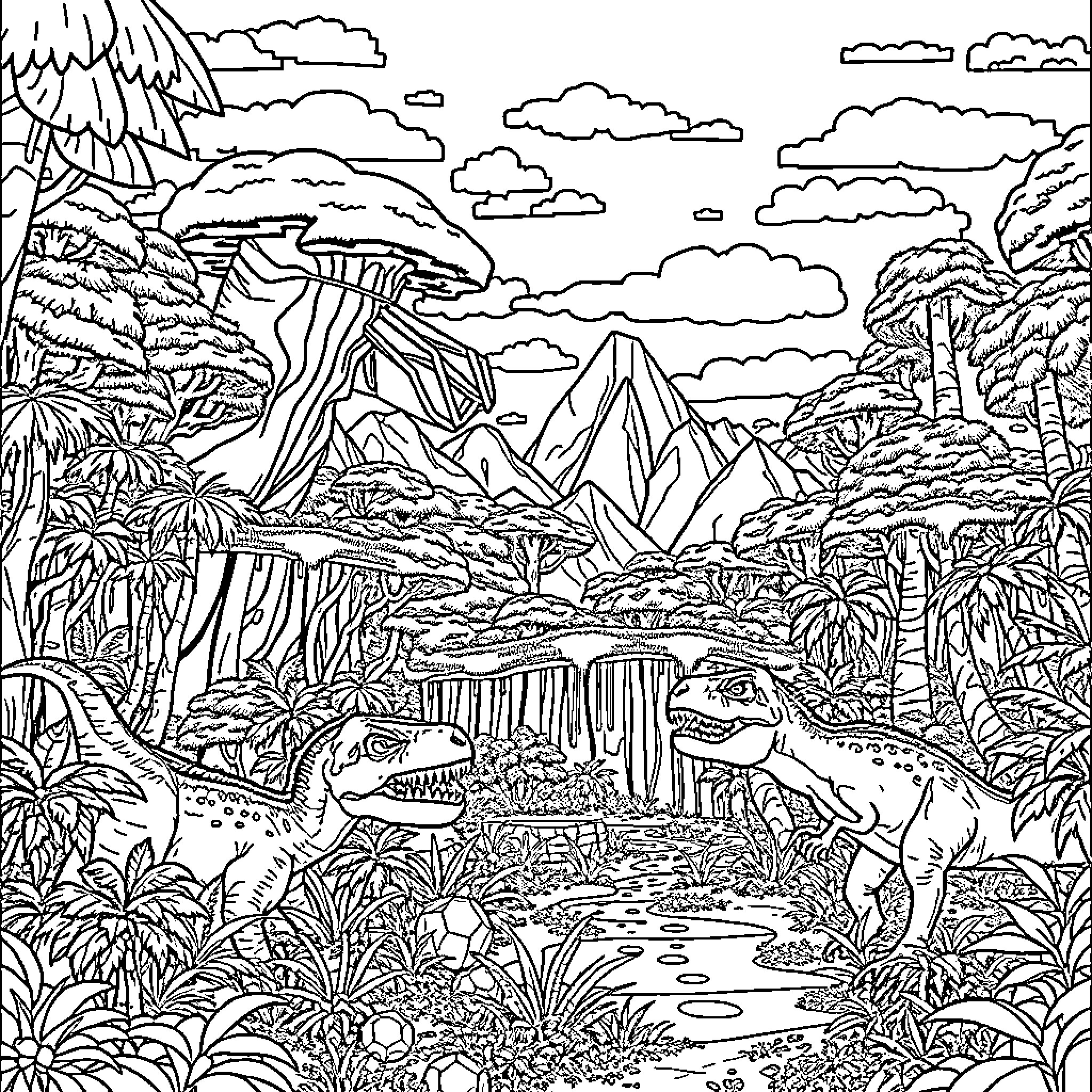 Jurassic Park Dinosaur Adventure in Tropical Landscape Coloring Page (free black-and-white line drawing printable PDF for all, from beginners to advanced learners, including children, teens, adults, and seniors)