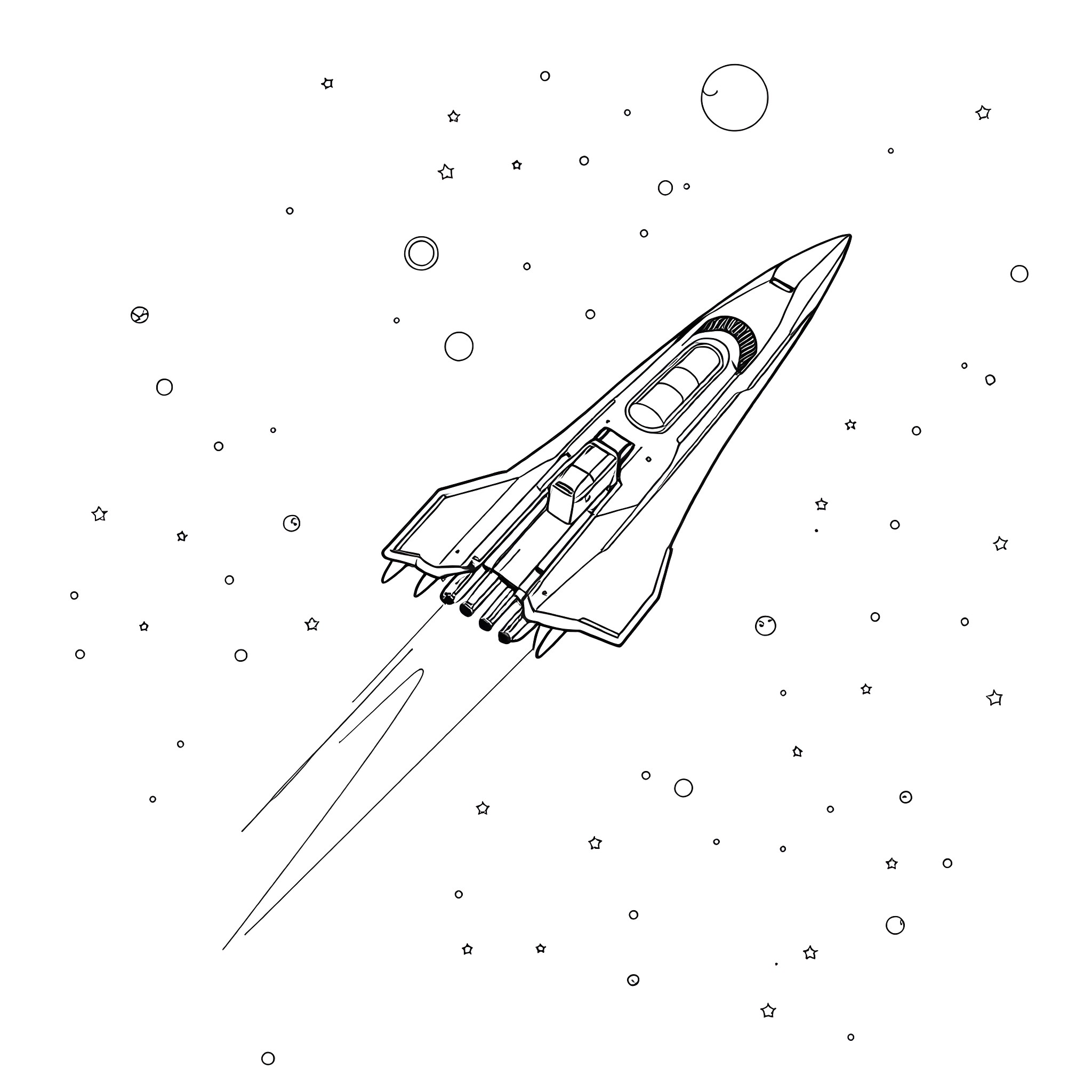Voyaging Through the Cosmic Realm Coloring Page (free black-and-white line drawing printable PDF for all, from beginners to advanced learners, including children, teens, adults, and seniors)