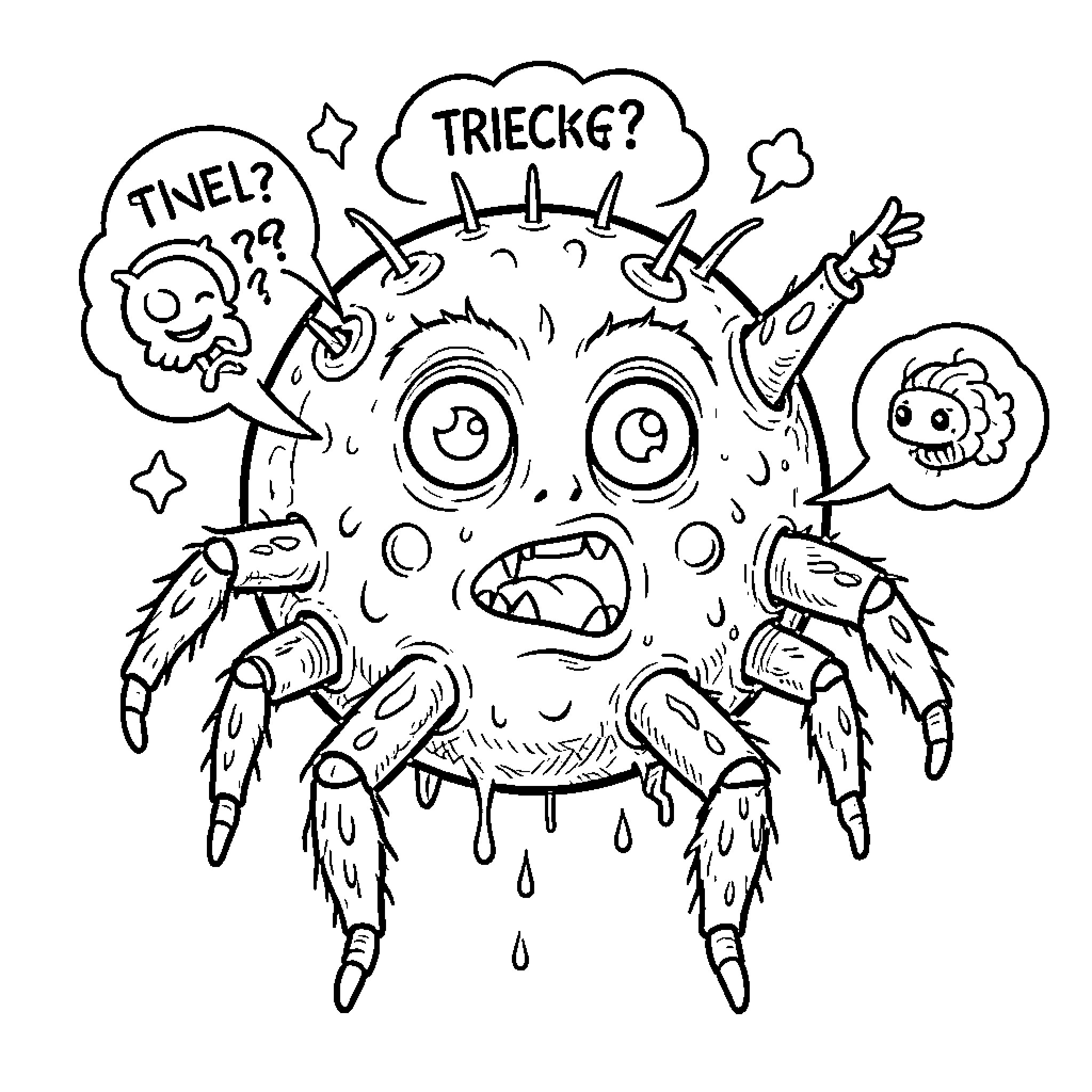 Mindbug expressing questions and emotions Coloring Page (free black-and-white line drawing printable PDF for all, from beginners to advanced learners, including children, teens, adults, and seniors)