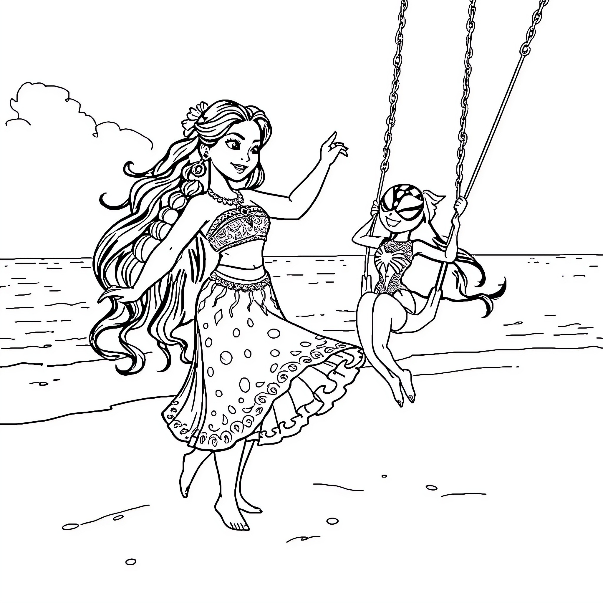 Moana enjoying a swing on the beach Coloring Page (free black-and-white line drawing printable PDF for all, from beginners to advanced learners, including children, teens, adults, and seniors)