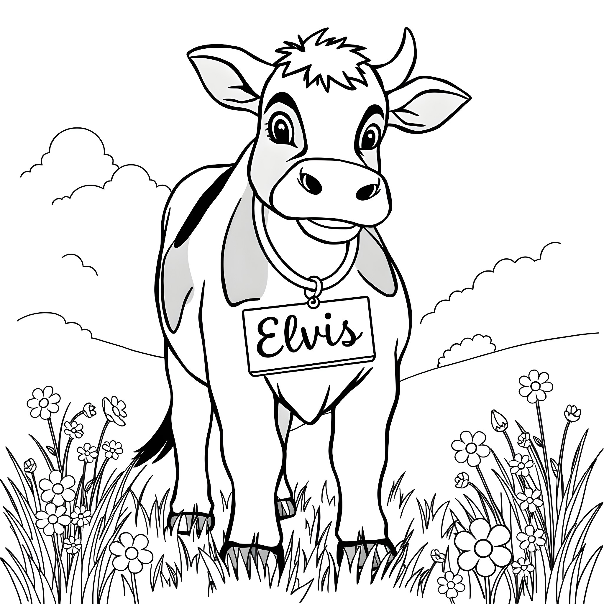 Cow with name tag standing in grassy field Coloring Page (free black-and-white line drawing printable PDF for all, from beginners to advanced learners, including children, teens, adults, and seniors)