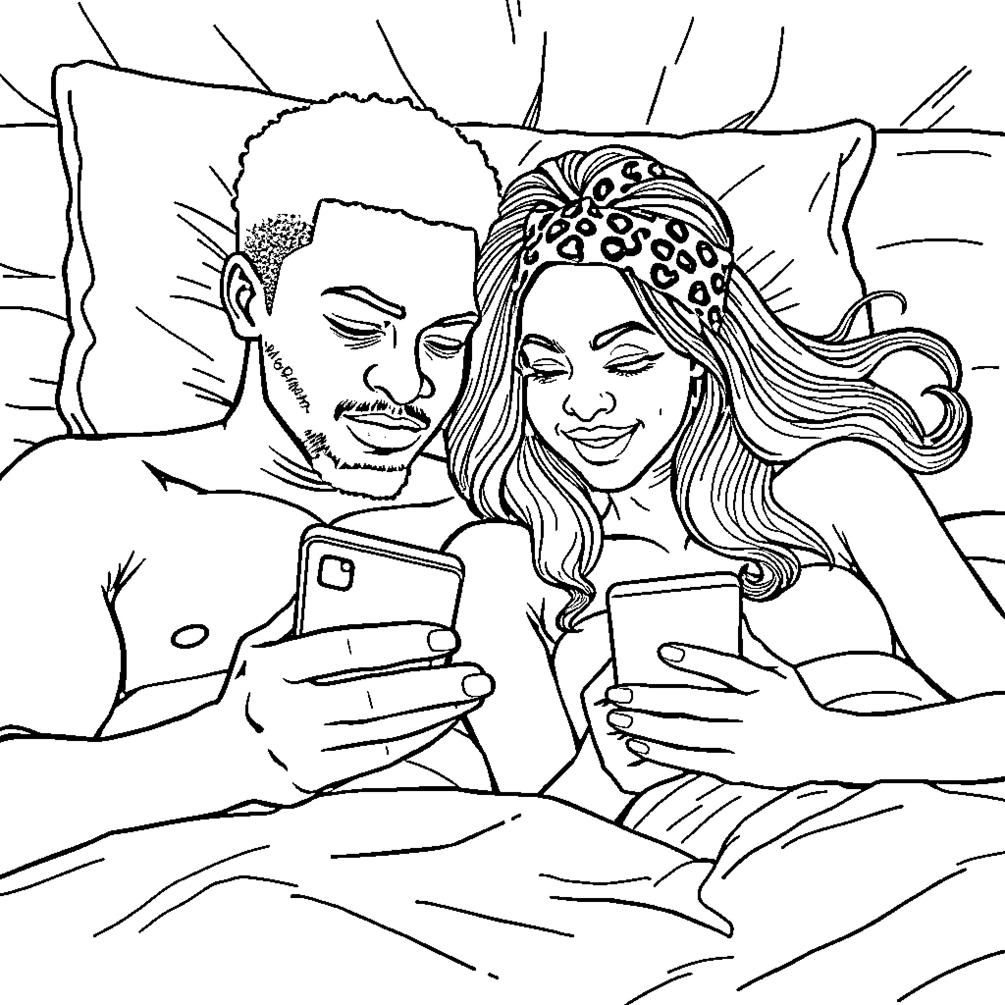Couple Sharing Smartphones in Bed Coloring Page (free black-and-white line drawing printable PDF for all, from beginners to advanced learners, including children, teens, adults, and seniors)