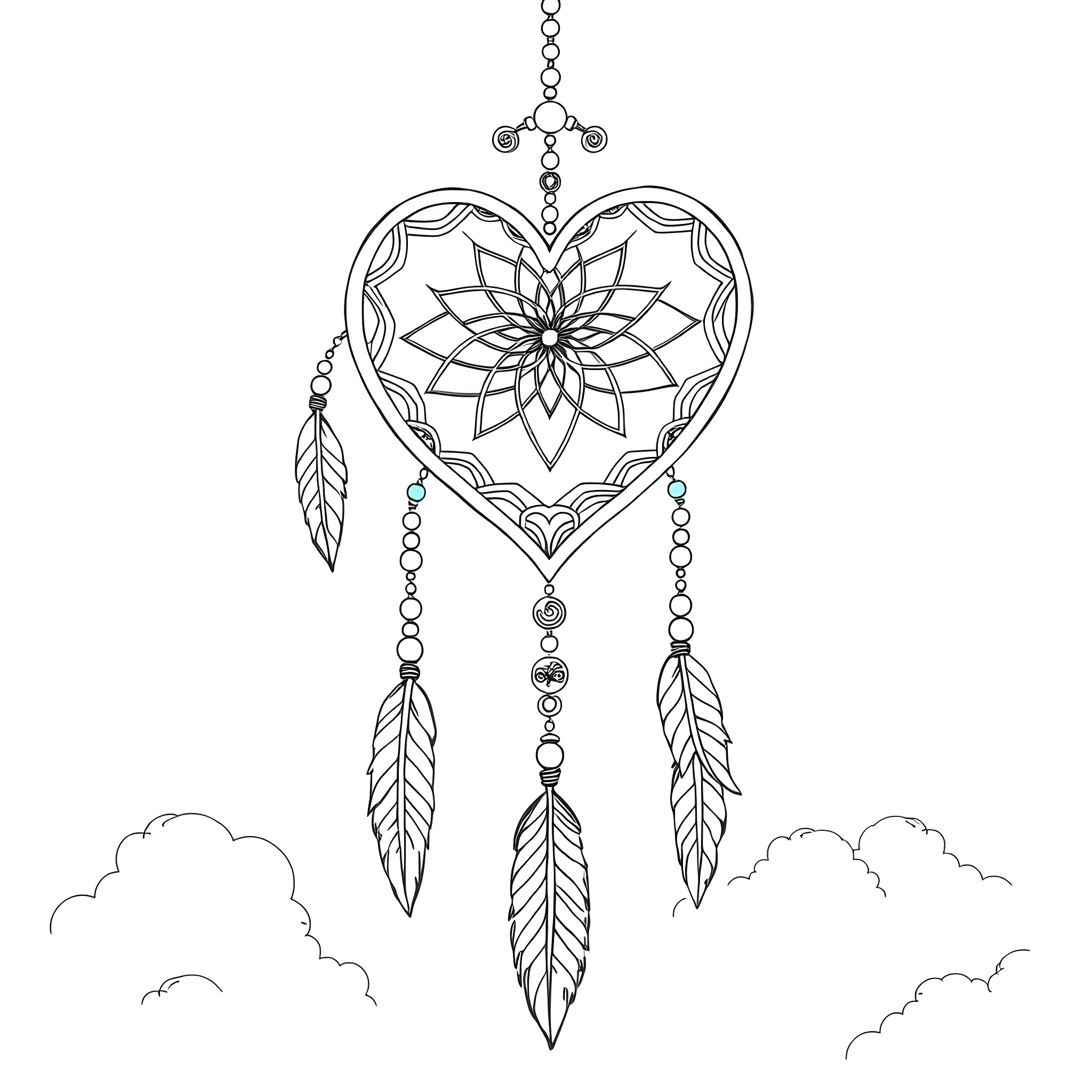 Heart-shaped Dream Catcher with Feathers and Floral Design Coloring Page (free black-and-white line drawing printable PDF for all, from beginners to advanced learners, including children, teens, adults, and seniors)