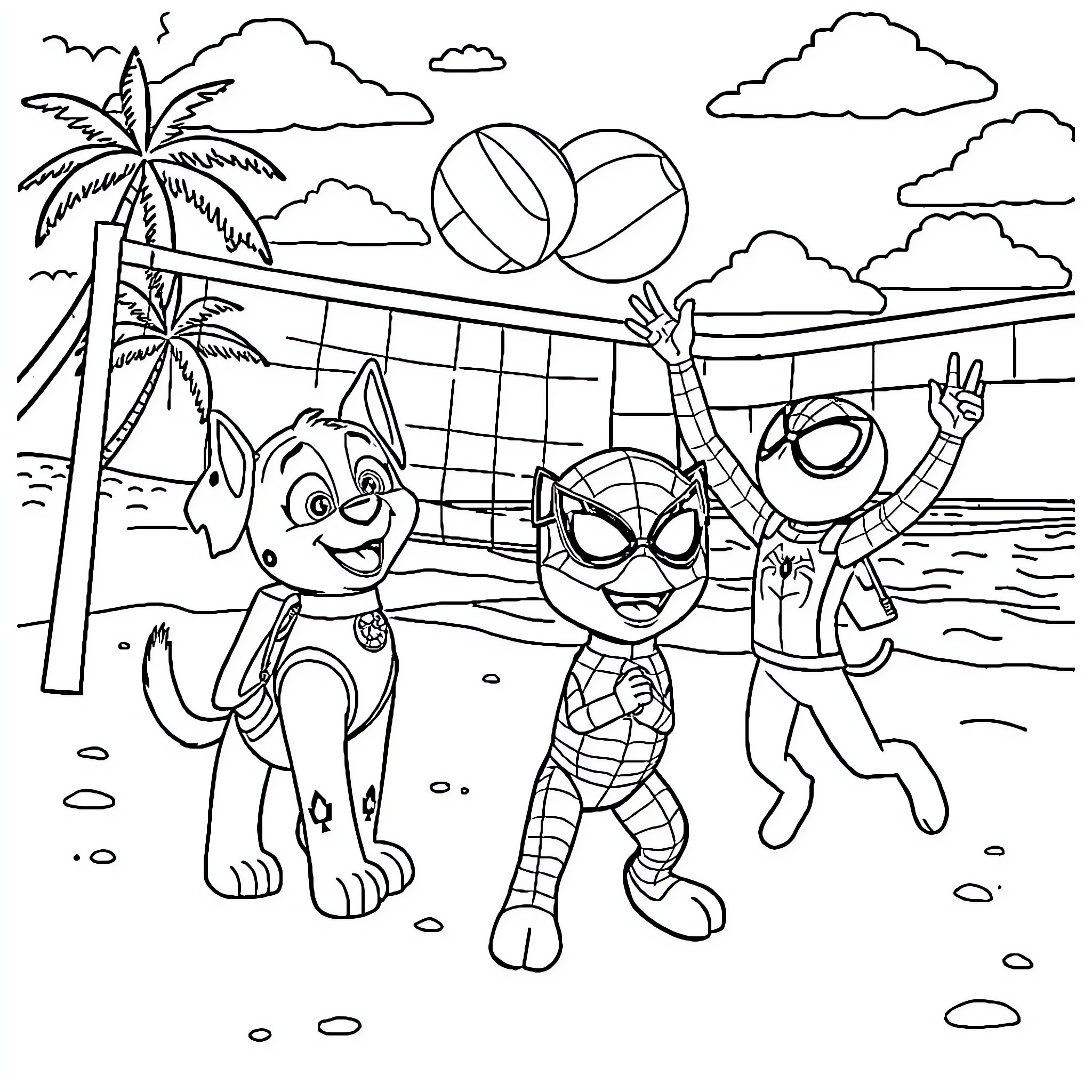 Paw Patrol characters enjoying beach volleyball game Coloring Page (free black-and-white line drawing printable PDF for all, from beginners to advanced learners, including children, teens, adults, and seniors)