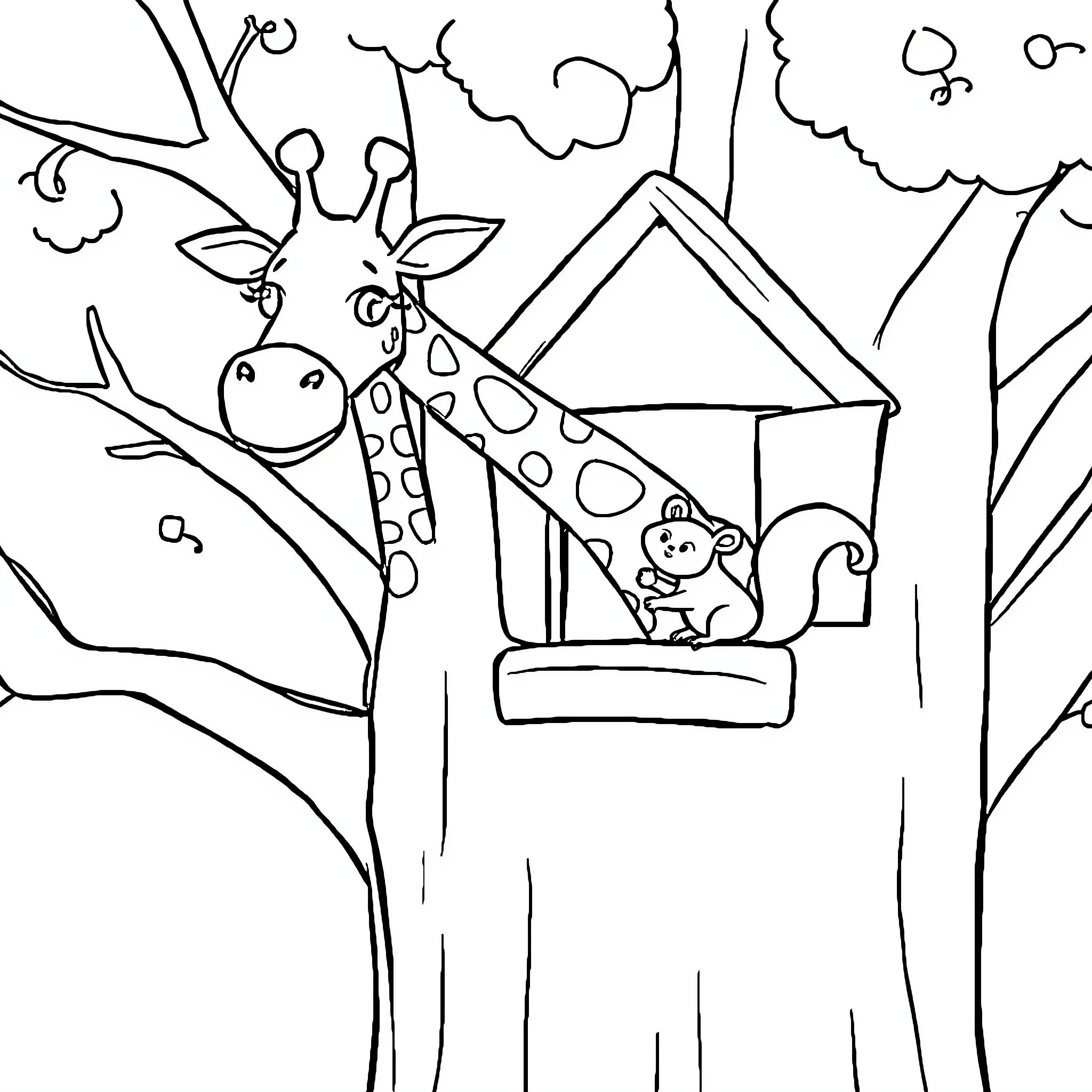 Giraffe and monkey playing in treehouse Coloring Page (free black-and-white line drawing printable PDF for all, from beginners to advanced learners, including children, teens, adults, and seniors)