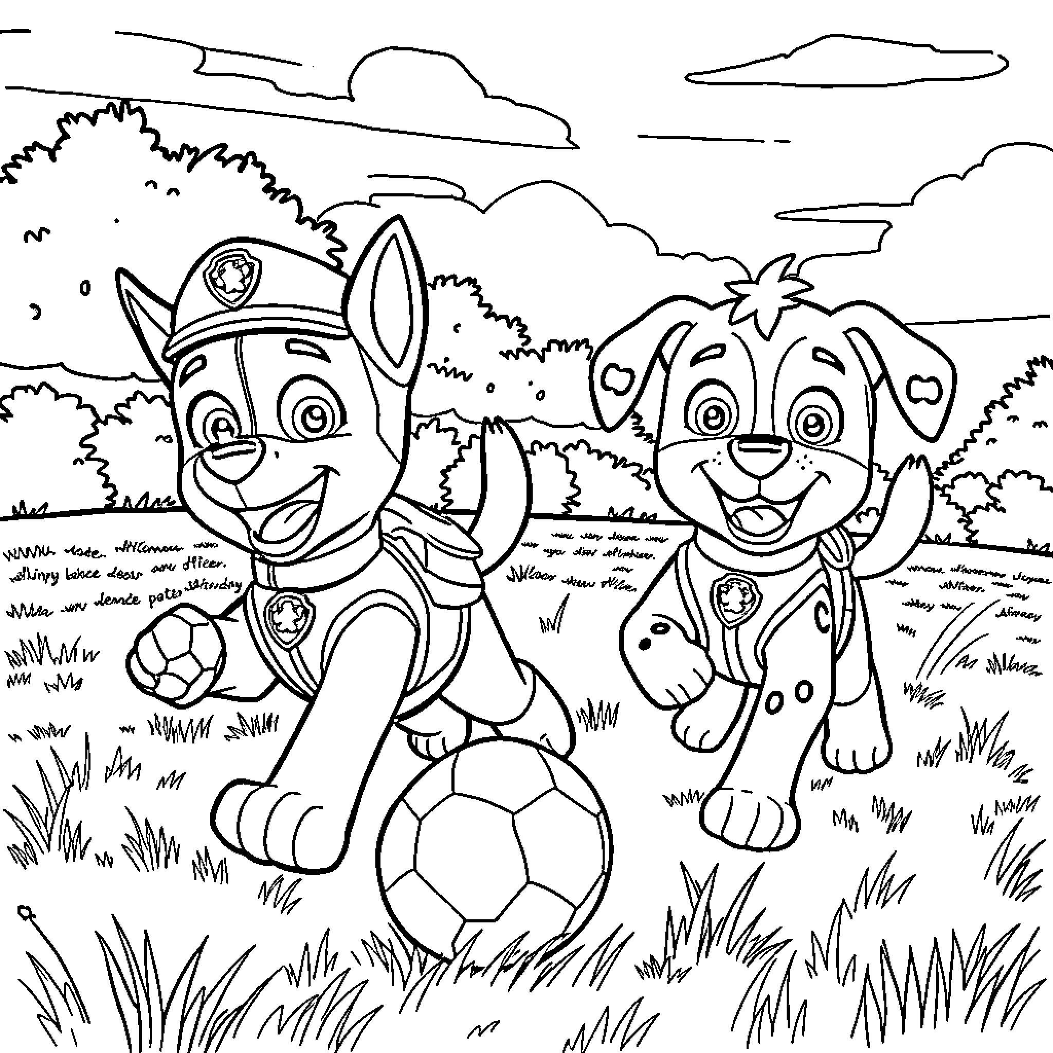 Dog pals playing with a soccer ball in the park Coloring Page (free black-and-white line drawing printable PDF for all, from beginners to advanced learners, including children, teens, adults, and seniors)