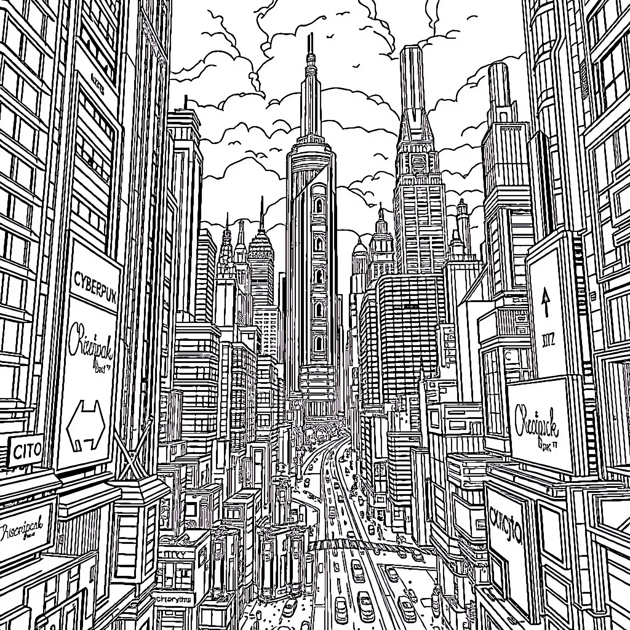 Cyberpunk 2077: Futuristic City Skyline with Towering Skyscrapers Coloring Page (free black-and-white line drawing printable PDF for all, from beginners to advanced learners, including children, teens, adults, and seniors)