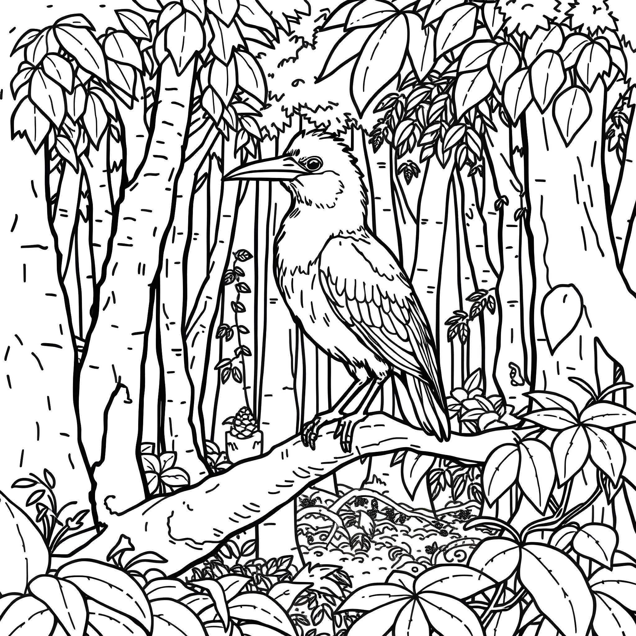 Cagou bird perched in a lush forest Coloring Page (free black-and-white line drawing printable PDF for all, from beginners to advanced learners, including children, teens, adults, and seniors)