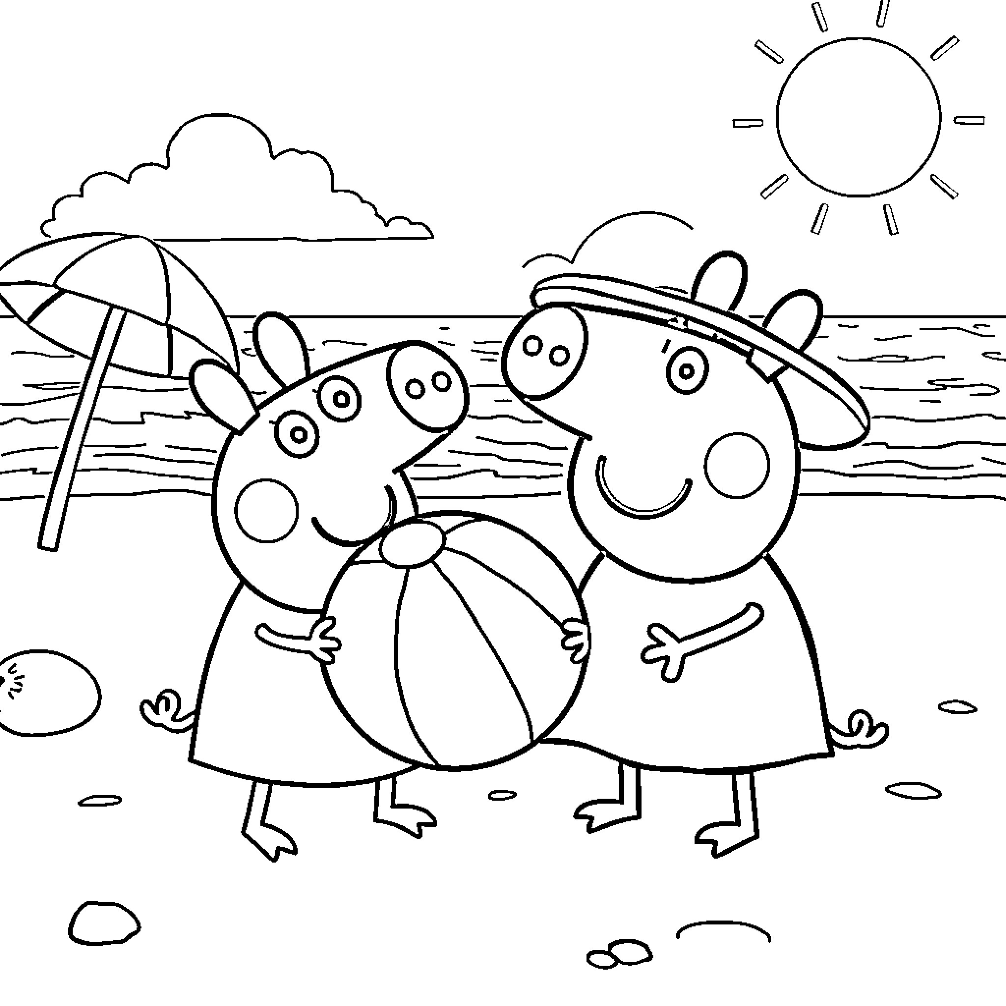 Bluey and Peppa Pig enjoying a beach day Coloring Page (free black-and-white line drawing printable PDF for all, from beginners to advanced learners, including children, teens, adults, and seniors)
