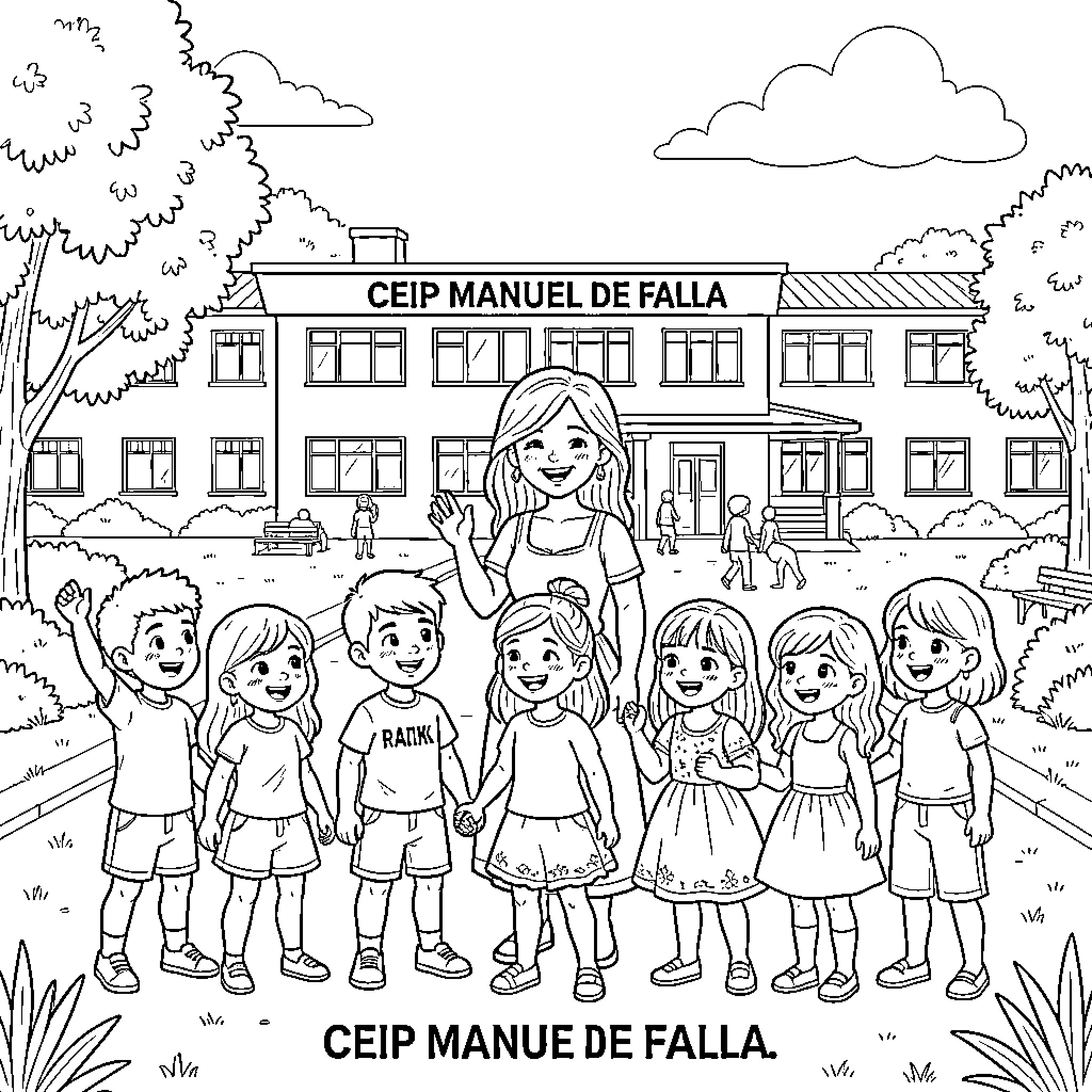 Niño and classmates smiling with teacher in schoolyard Coloring Page (free black-and-white line drawing printable PDF for all, from beginners to advanced learners, including children, teens, adults, and seniors)