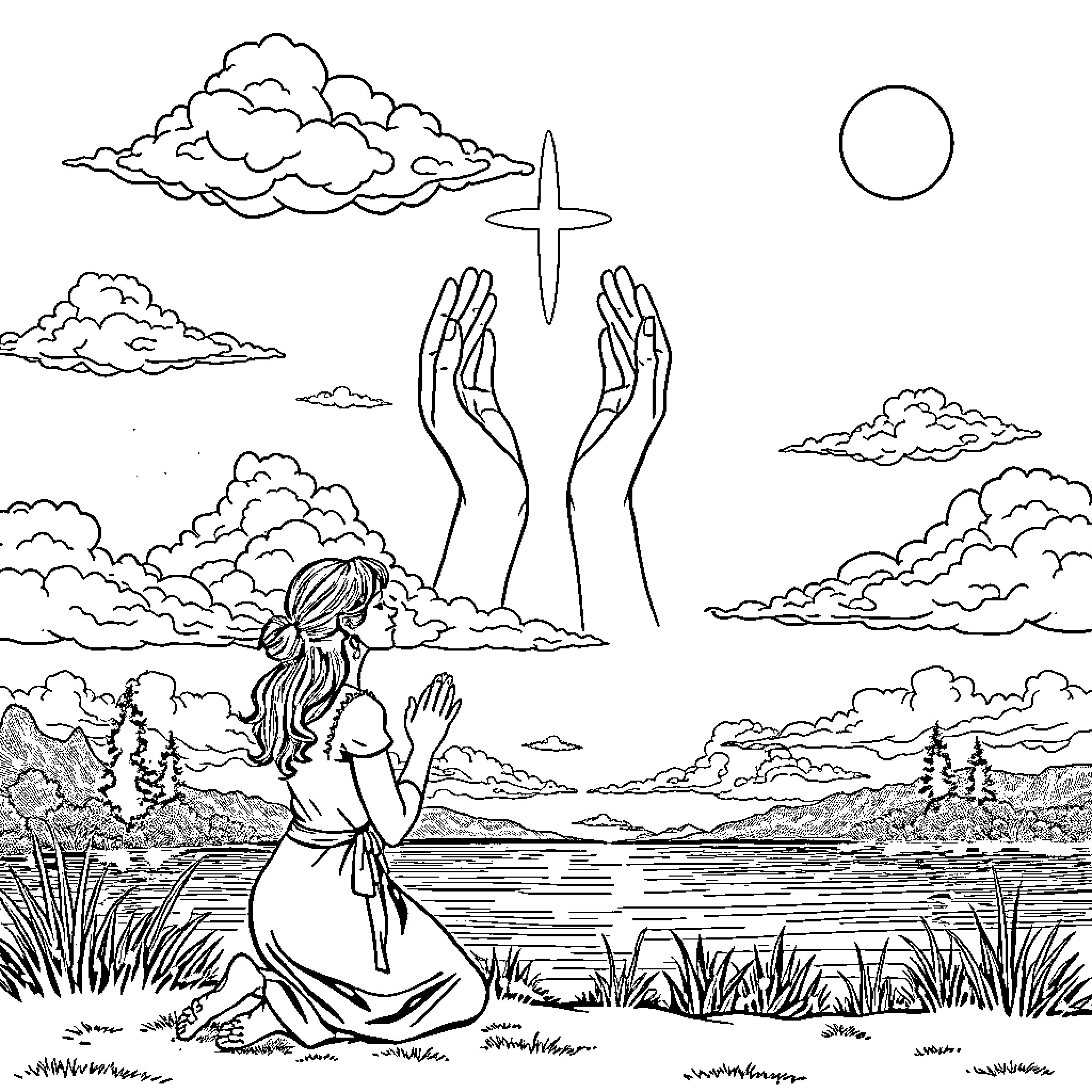 Woman praying in serene nature landscape Coloring Page (free black-and-white line drawing printable PDF for all, from beginners to advanced learners, including children, teens, adults, and seniors)