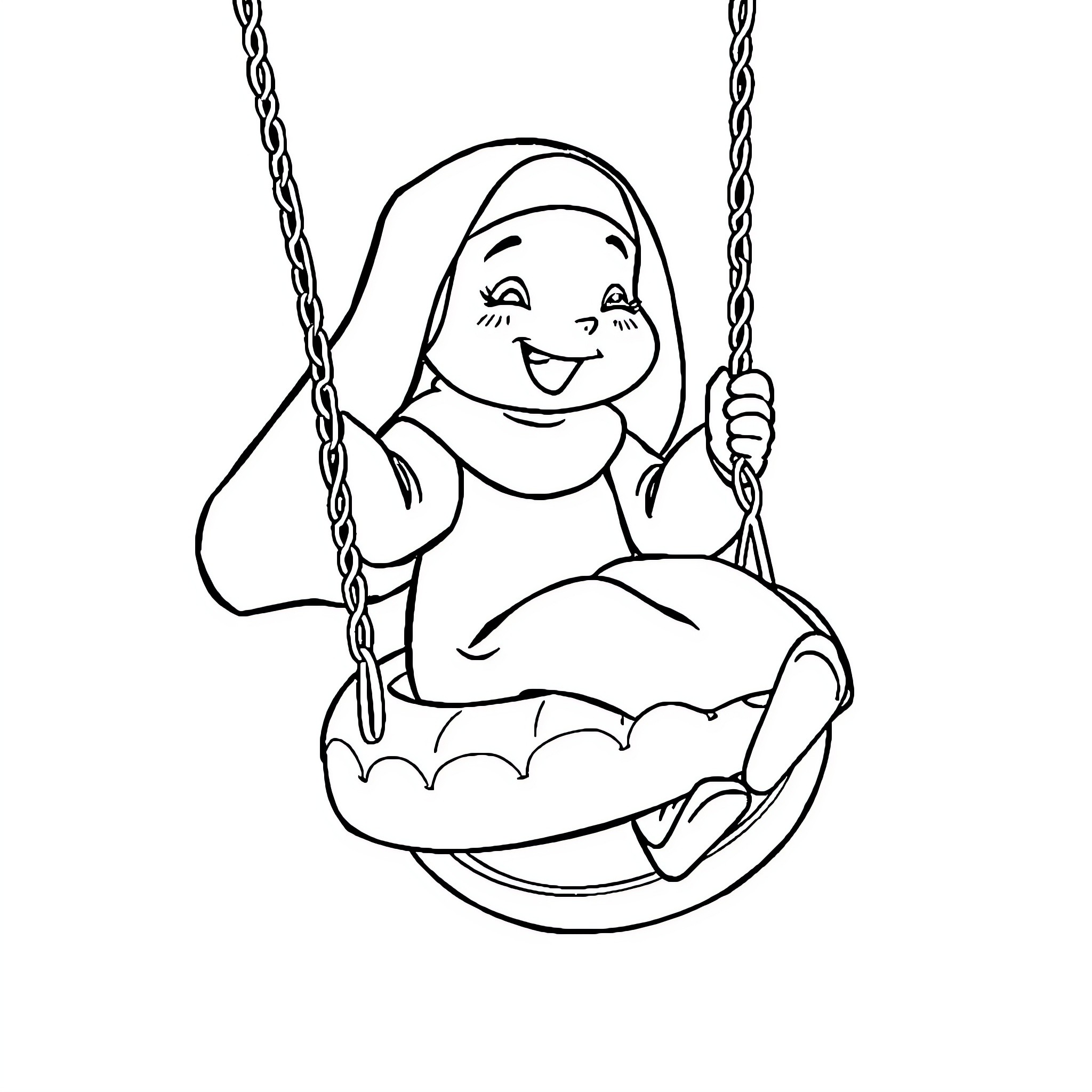 Nun swinging happily on a swing Coloring Page (free black-and-white line drawing printable PDF for all, from beginners to advanced learners, including children, teens, adults, and seniors)