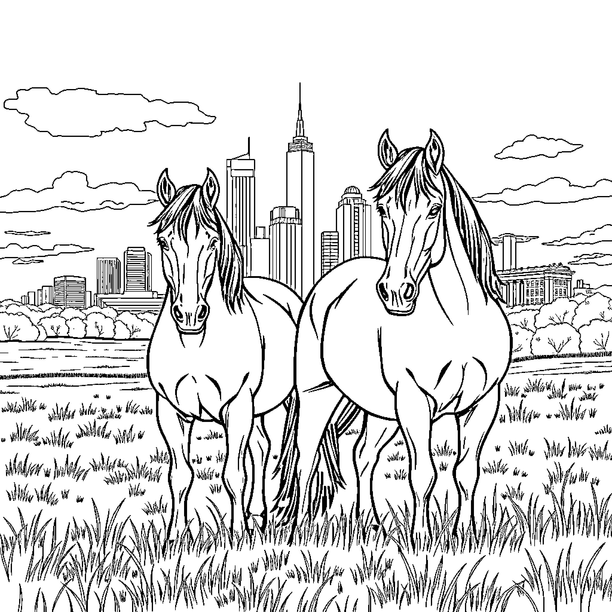 Horse pair grazing in urban landscape Coloring Page (free black-and-white line drawing printable PDF for all, from beginners to advanced learners, including children, teens, adults, and seniors)