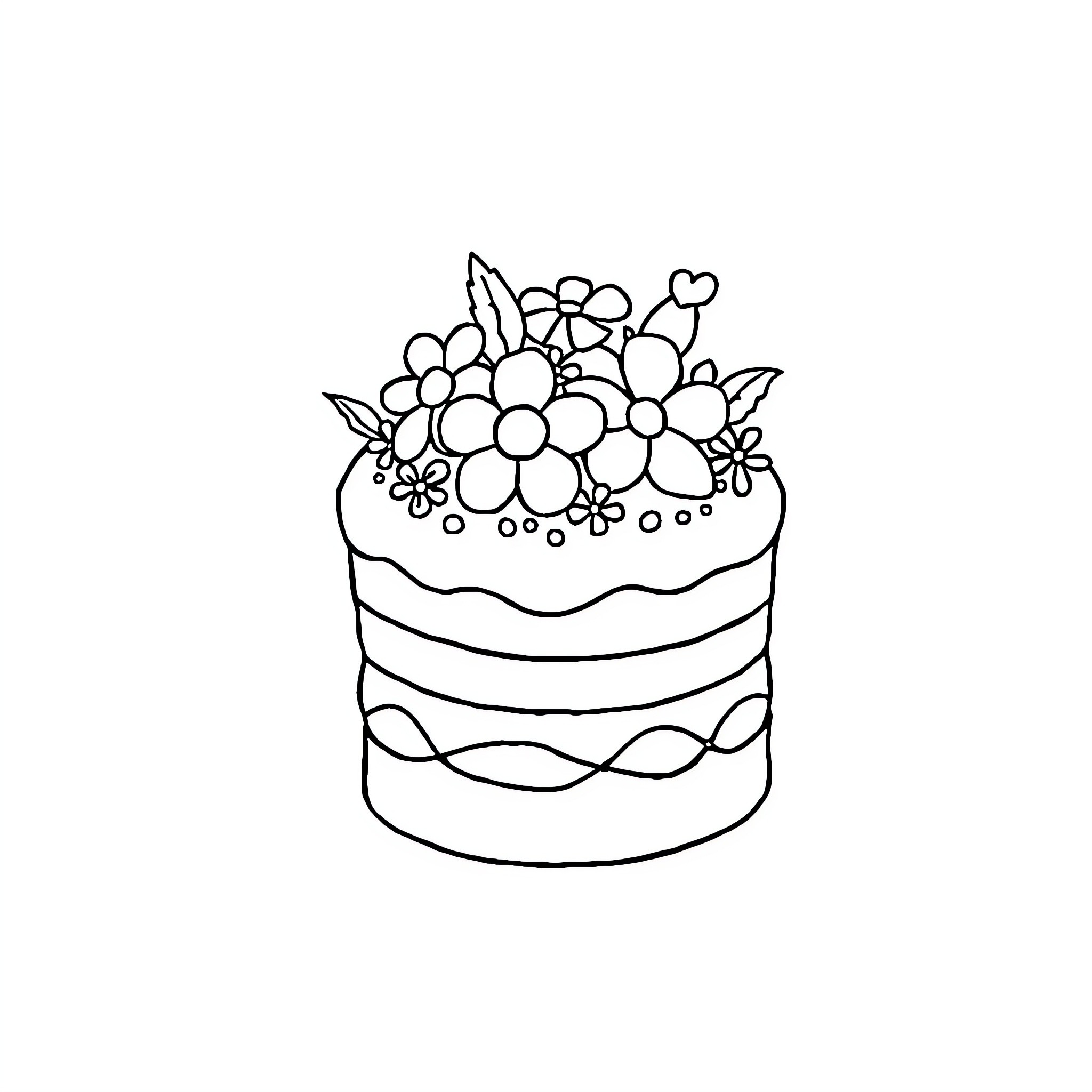 Bento Cake with Floral Decorations Coloring Page (free black-and-white line drawing printable PDF for all, from beginners to advanced learners, including children, teens, adults, and seniors)