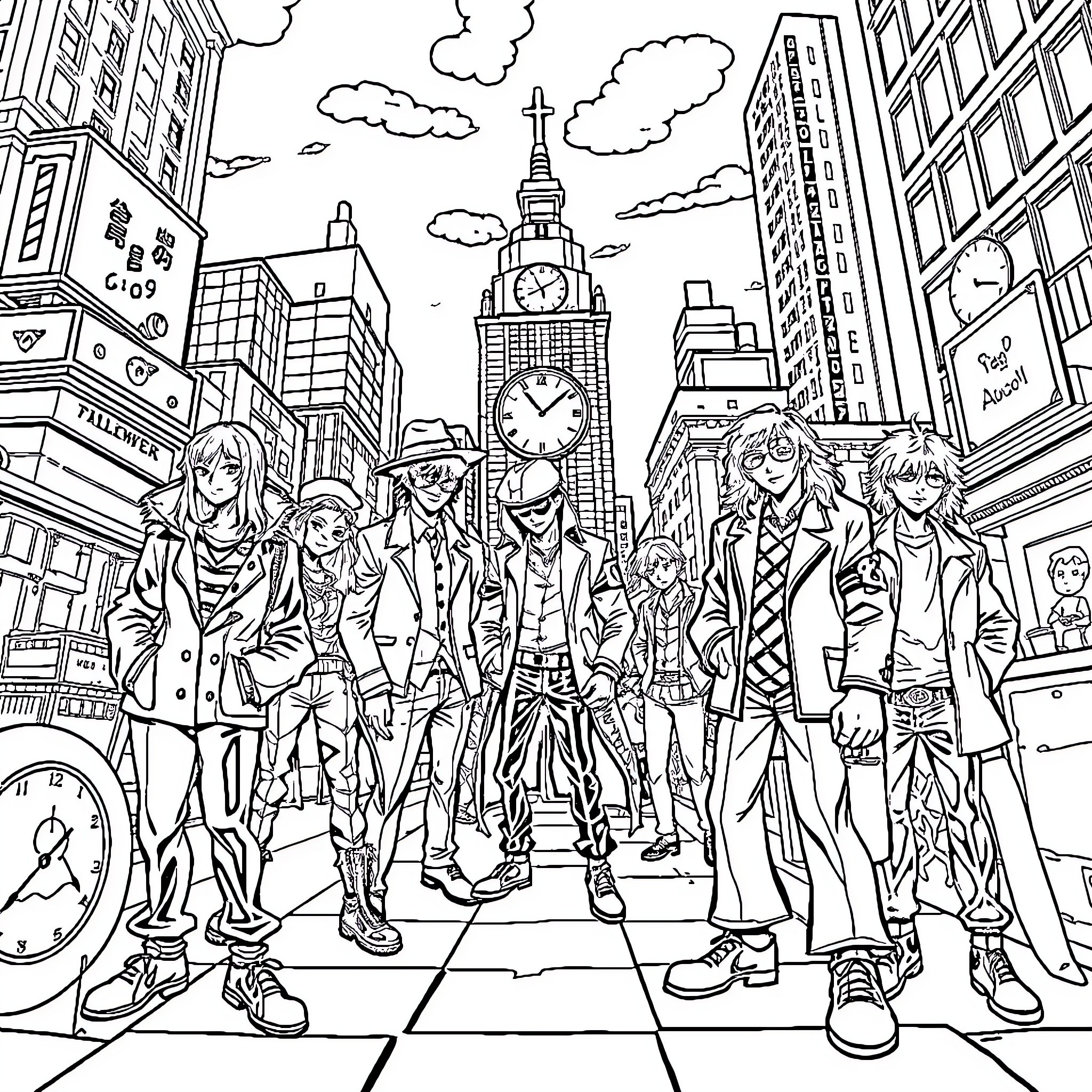 Clockwork Orange: Diverse Characters in City Scenery Coloring Page (free black-and-white line drawing printable PDF for all, from beginners to advanced learners, including children, teens, adults, and seniors)