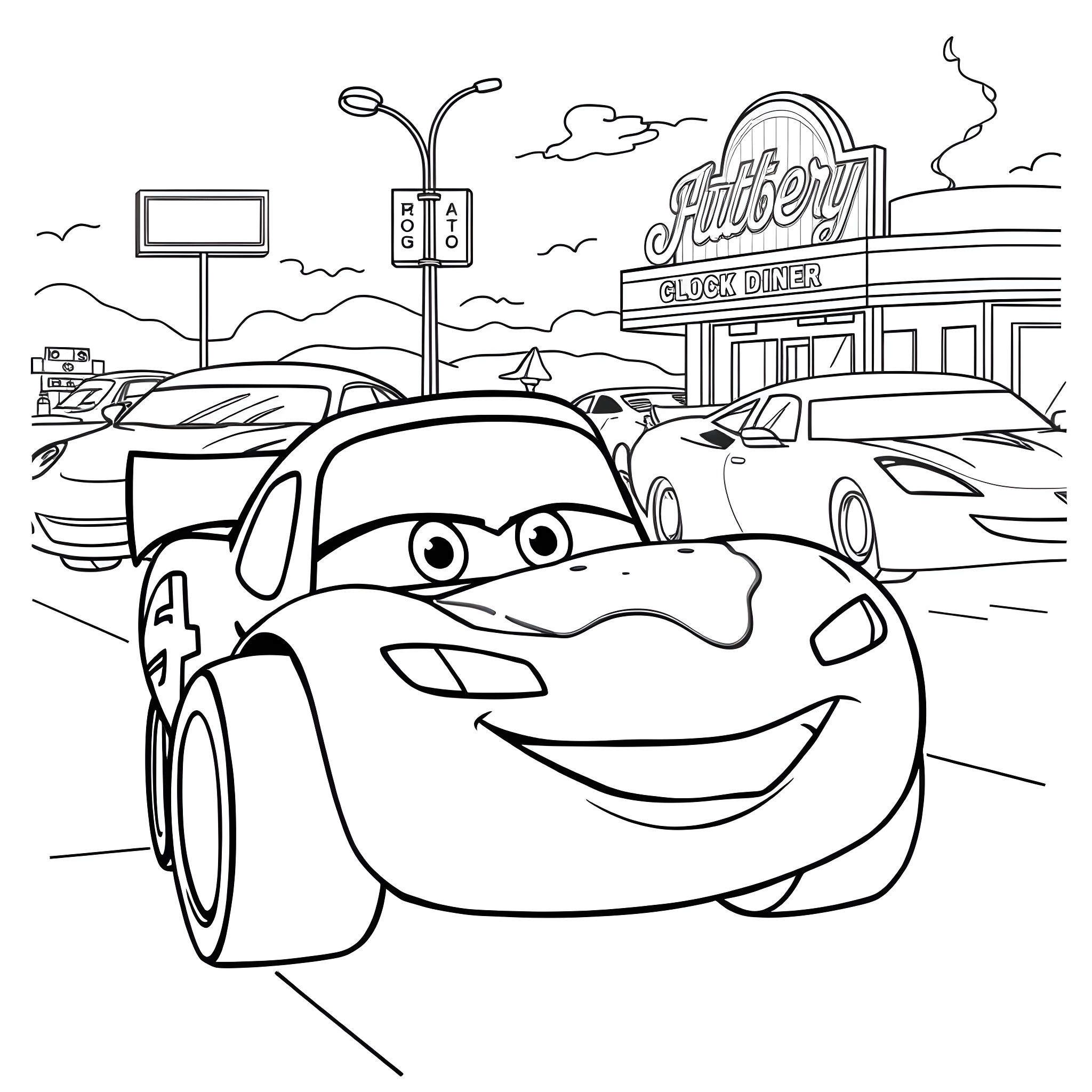 Lightning McQueen smiling in a busy city scene Coloring Page (free black-and-white line drawing printable PDF for all, from beginners to advanced learners, including children, teens, adults, and seniors)