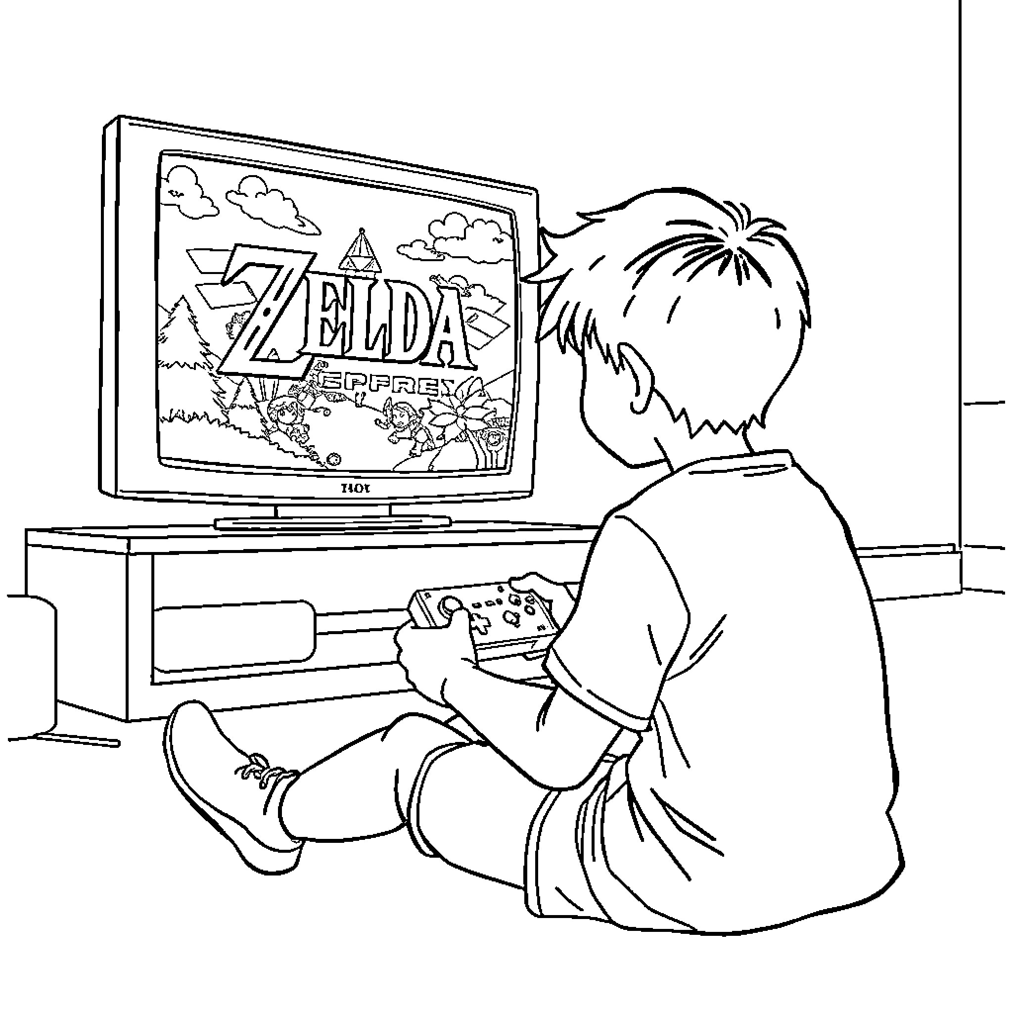 Boy playing video game on TV Coloring Page (free black-and-white line drawing printable PDF for all, from beginners to advanced learners, including children, teens, adults, and seniors)
