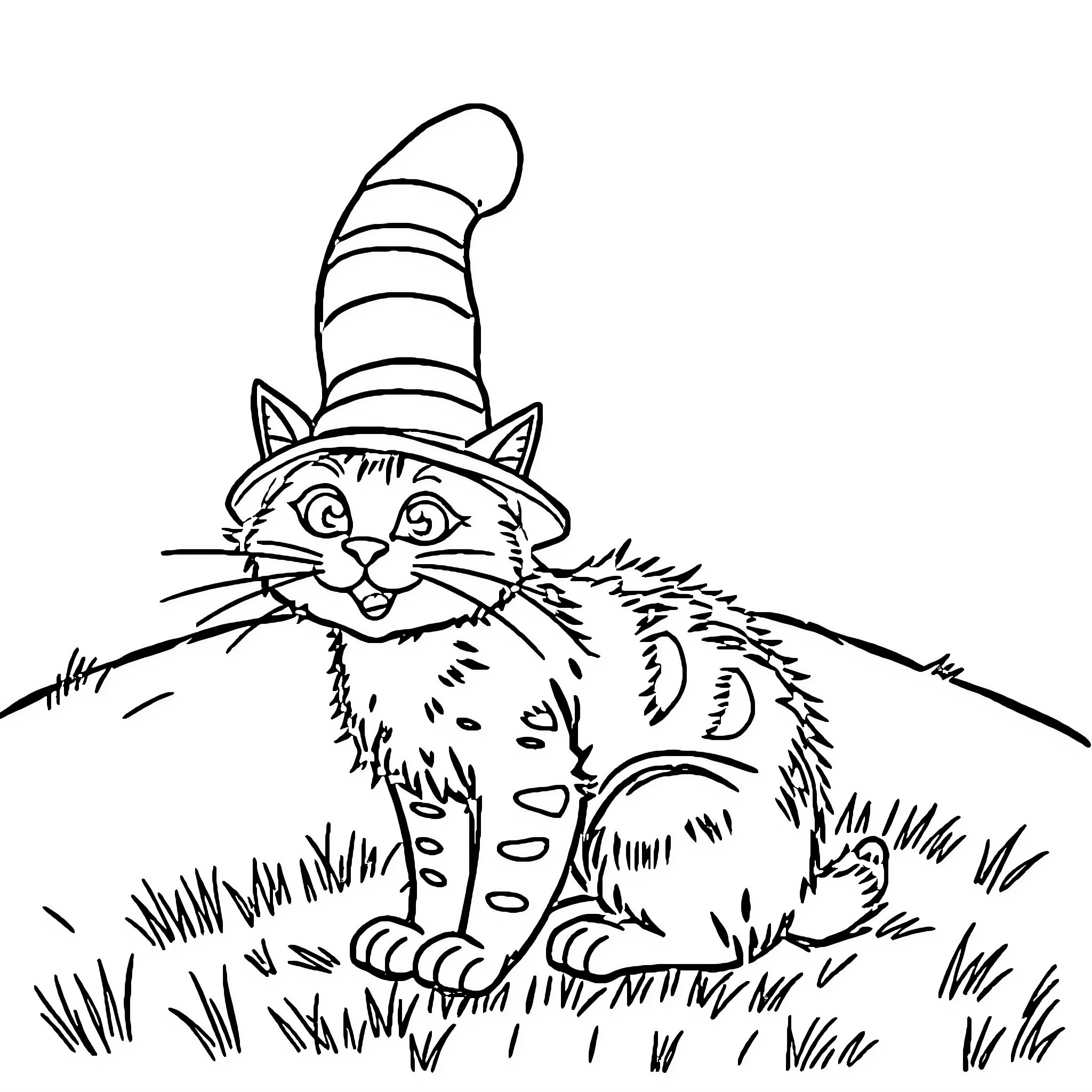 Cat in whimsical hat exploring outdoors Coloring Page (free black-and-white line drawing printable PDF for all, from beginners to advanced learners, including children, teens, adults, and seniors)