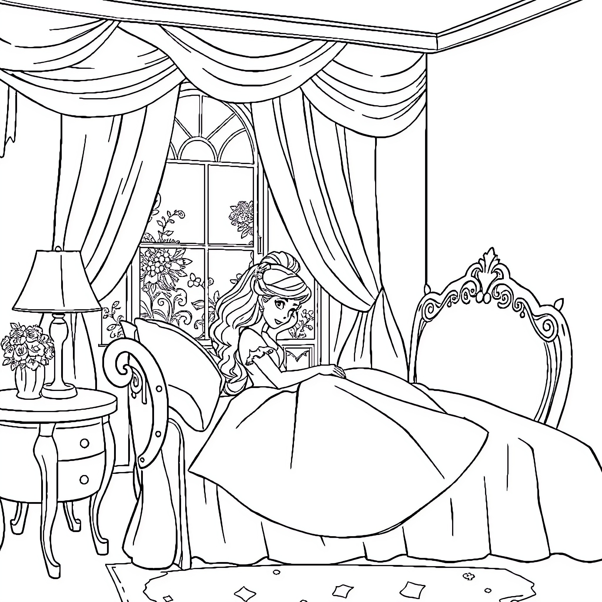 Princess enjoying a cozy evening in her royal bedroom Coloring Page (free black-and-white line drawing printable PDF for all, from beginners to advanced learners, including children, teens, adults, and seniors)