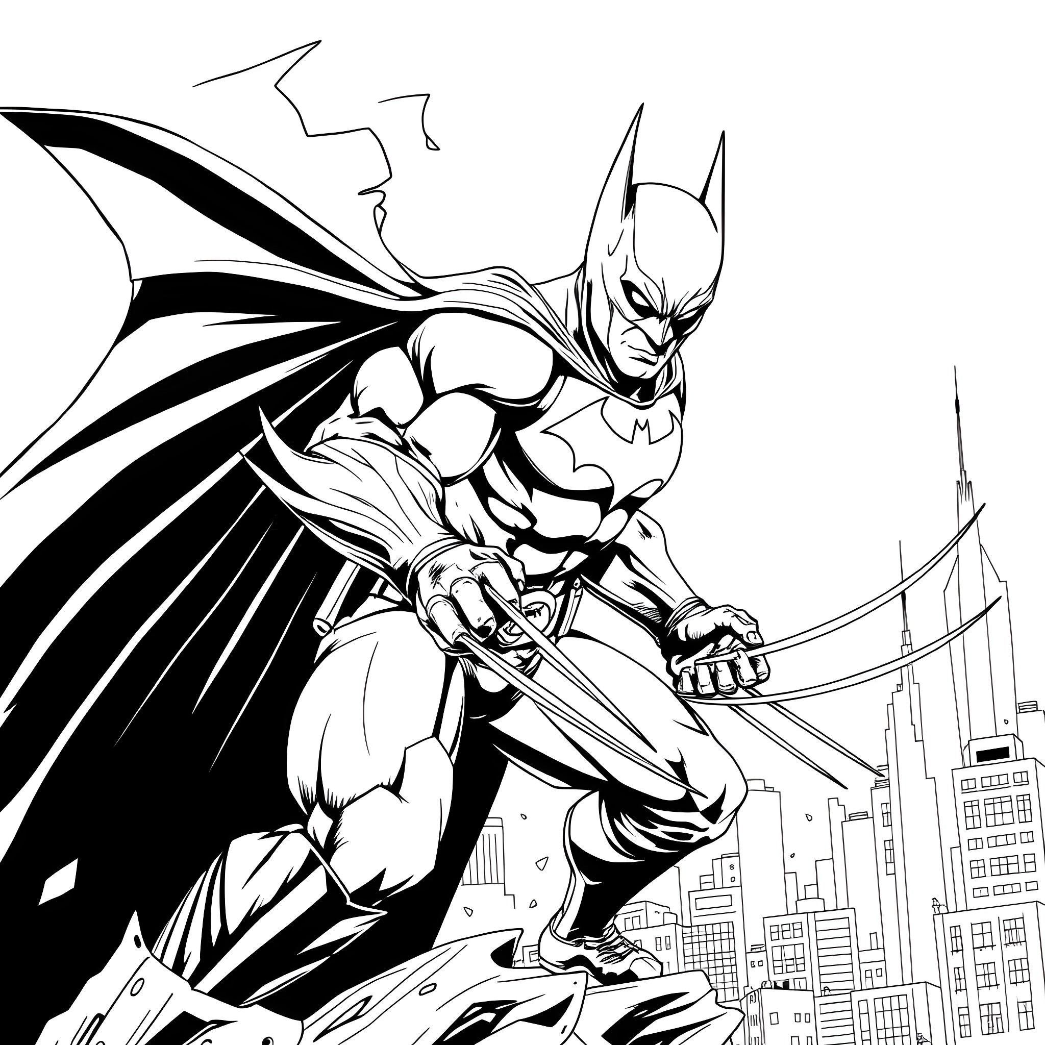 Batman Wolverine Clash in City Skyline Coloring Page (free black-and-white line drawing printable PDF for all, from beginners to advanced learners, including children, teens, adults, and seniors)