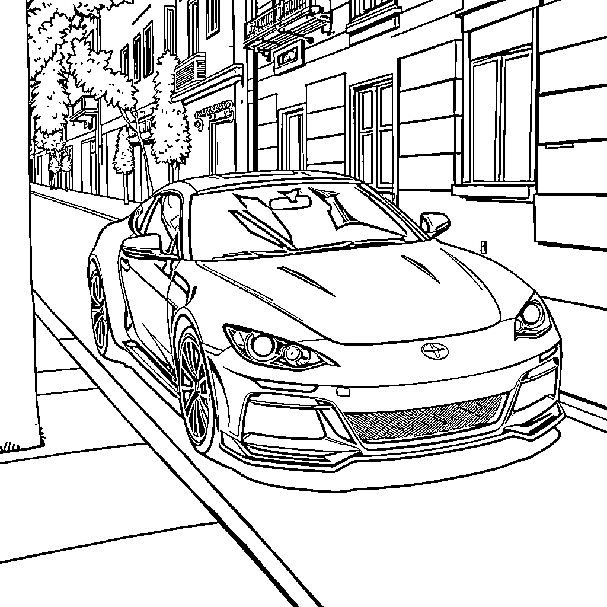 Car parked on a city street Coloring Page (free black-and-white line drawing printable PDF for all, from beginners to advanced learners, including children, teens, adults, and seniors)