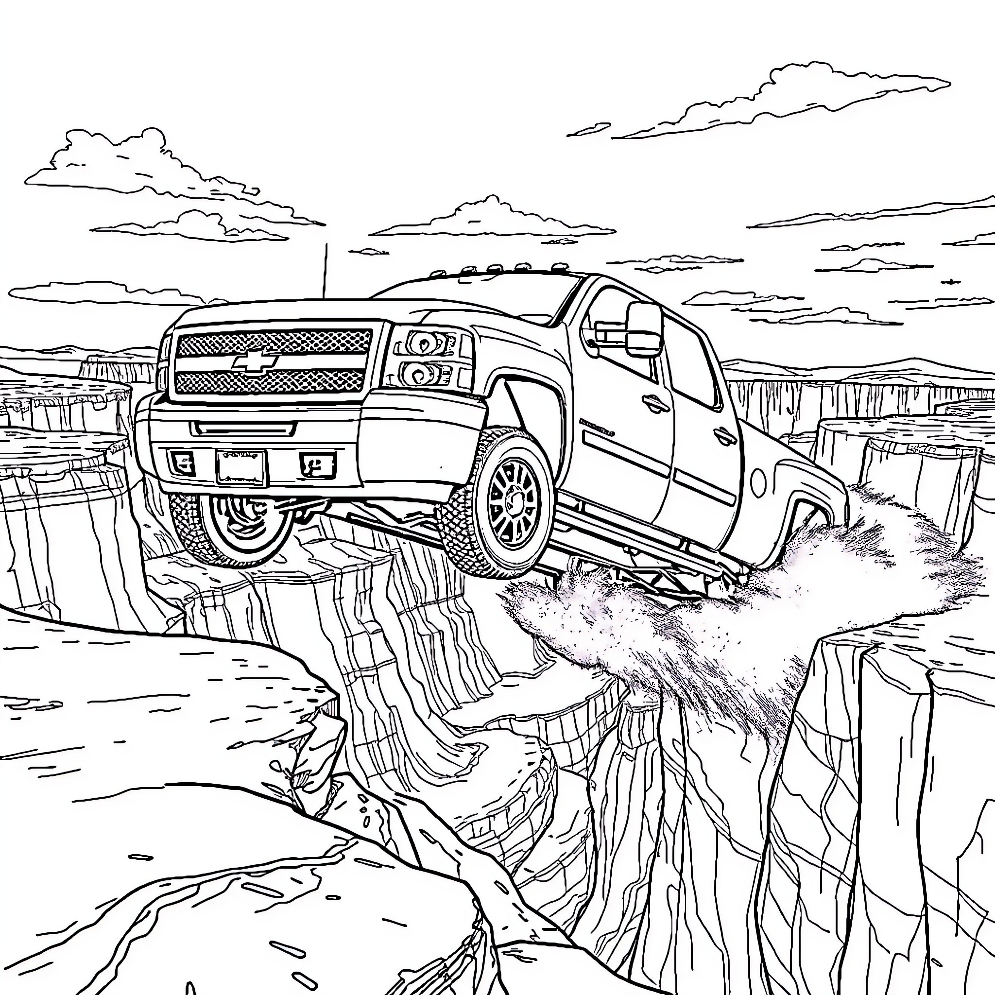 Silverado truck navigating rugged terrain Coloring Page (free black-and-white line drawing printable PDF for all, from beginners to advanced learners, including children, teens, adults, and seniors)