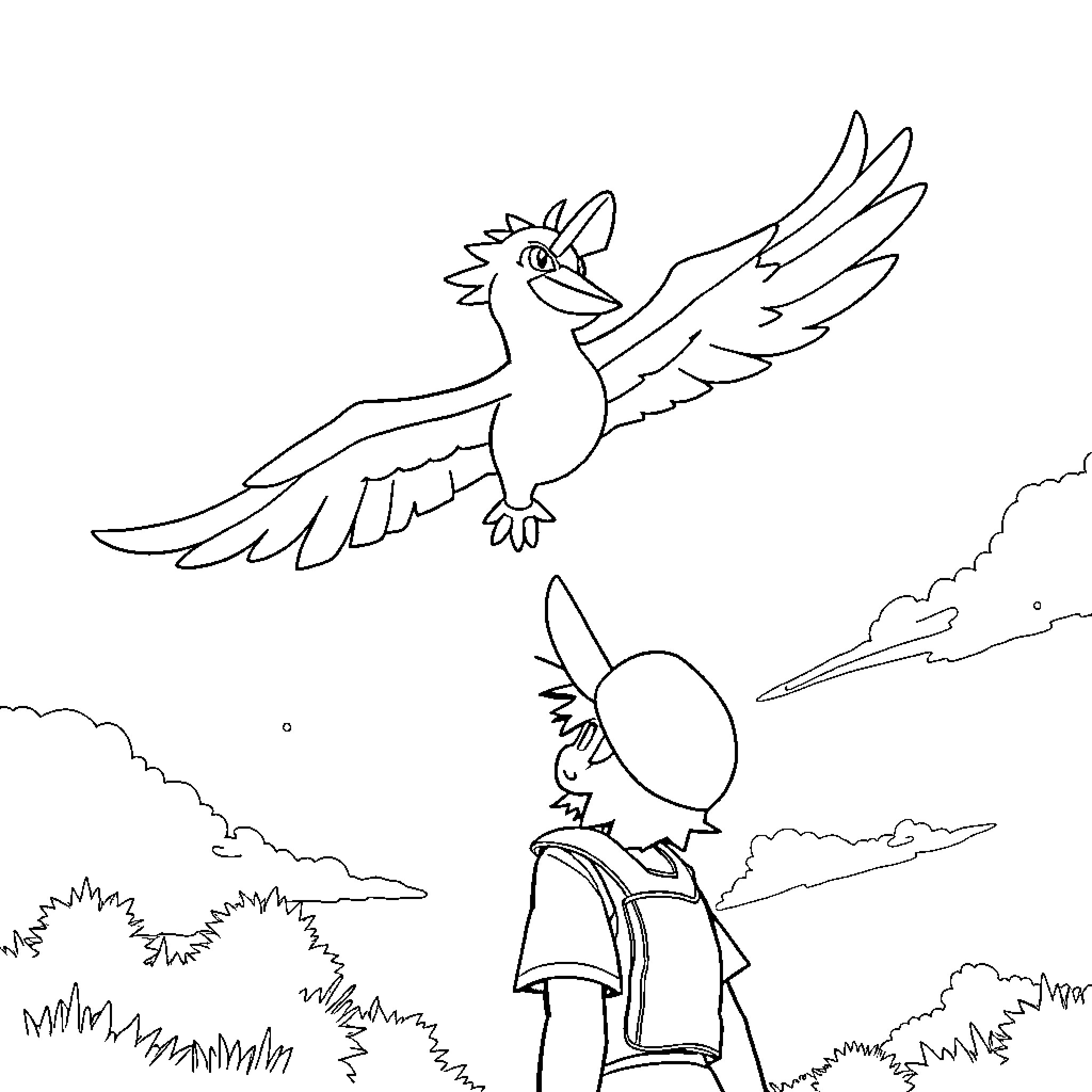 Ho-oh soaring gracefully above a traveler Coloring Page (free black-and-white line drawing printable PDF for all, from beginners to advanced learners, including children, teens, adults, and seniors)