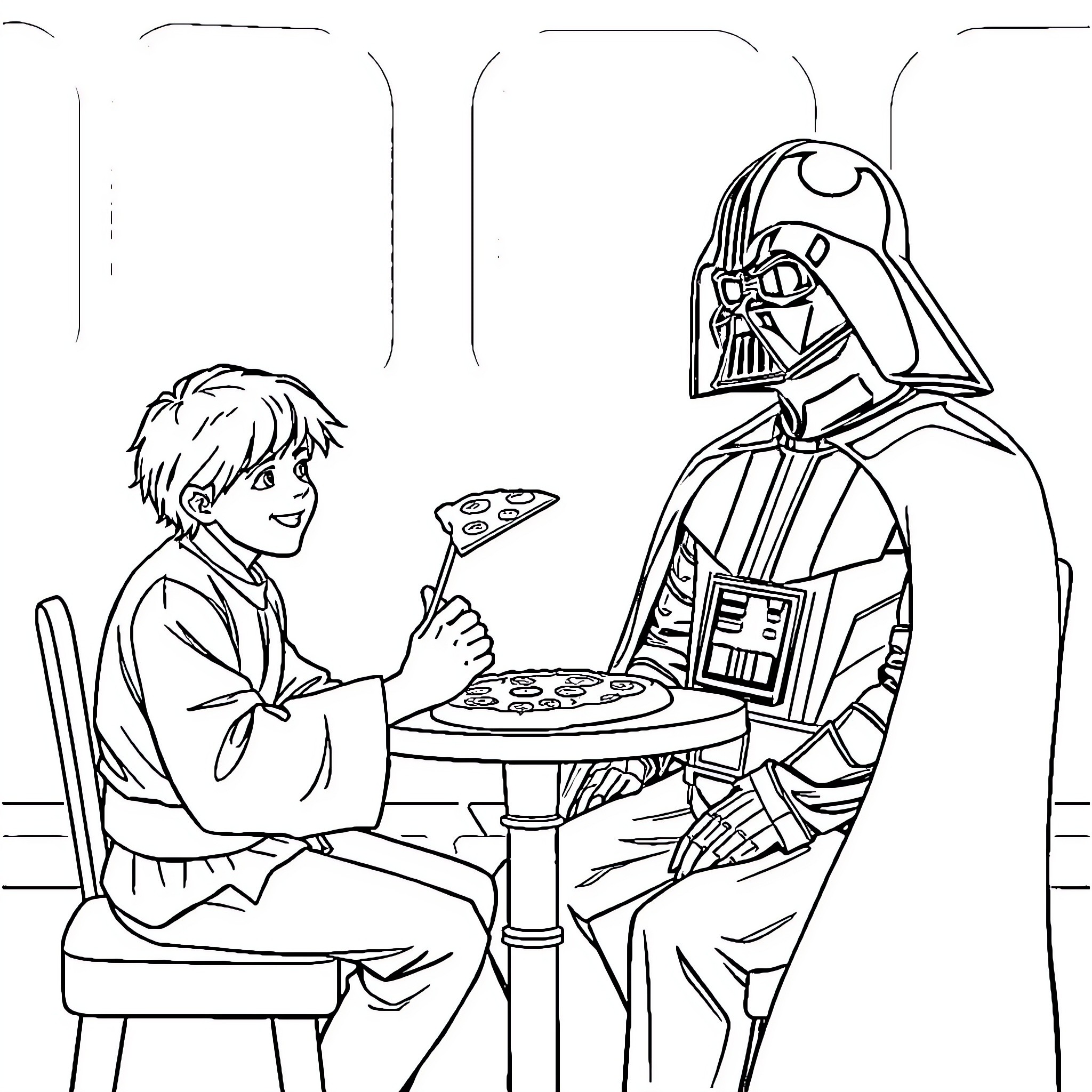 Luke Skywalker enjoying pizza with Darth Vader Coloring Page (free black-and-white line drawing printable PDF for all, from beginners to advanced learners, including children, teens, adults, and seniors)