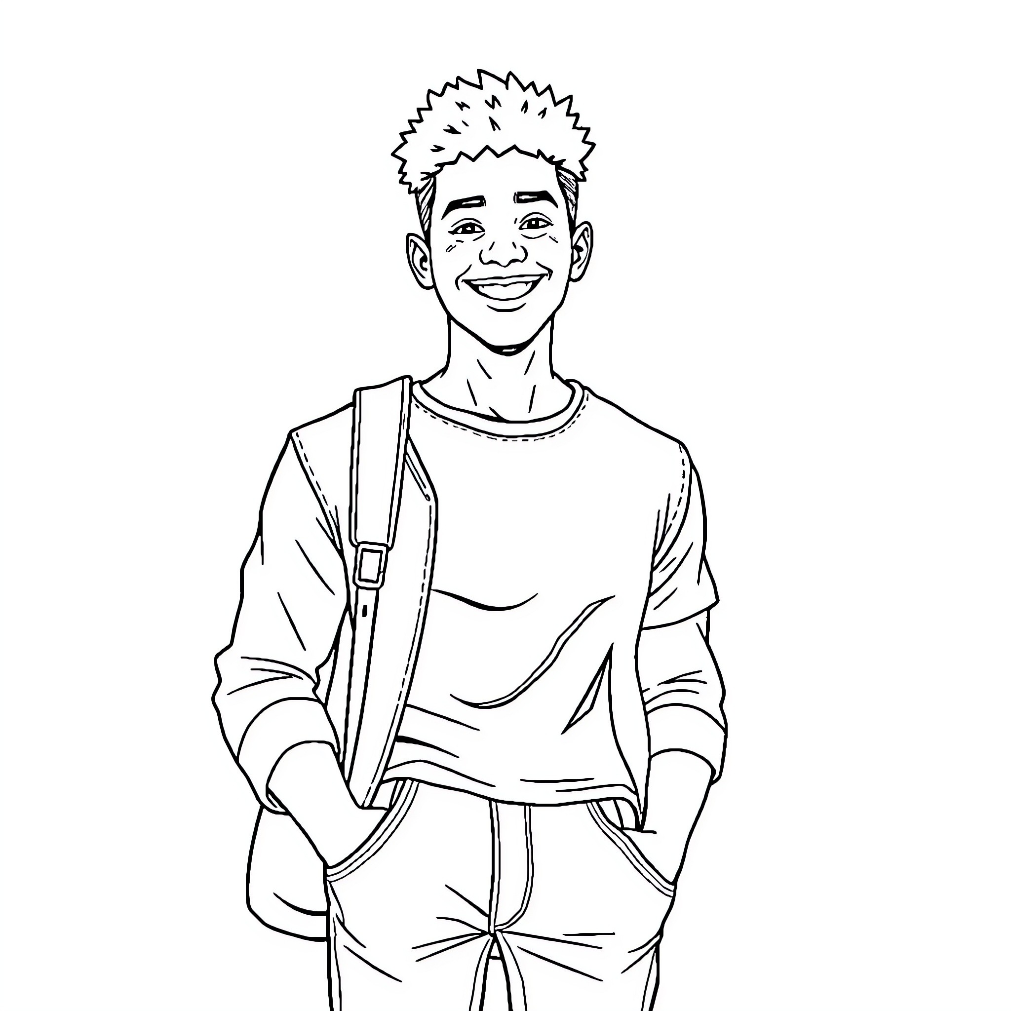 Jordan's Cheerful Posture and Casual Outfit Coloring Page (free black-and-white line drawing printable PDF for all, from beginners to advanced learners, including children, teens, adults, and seniors)