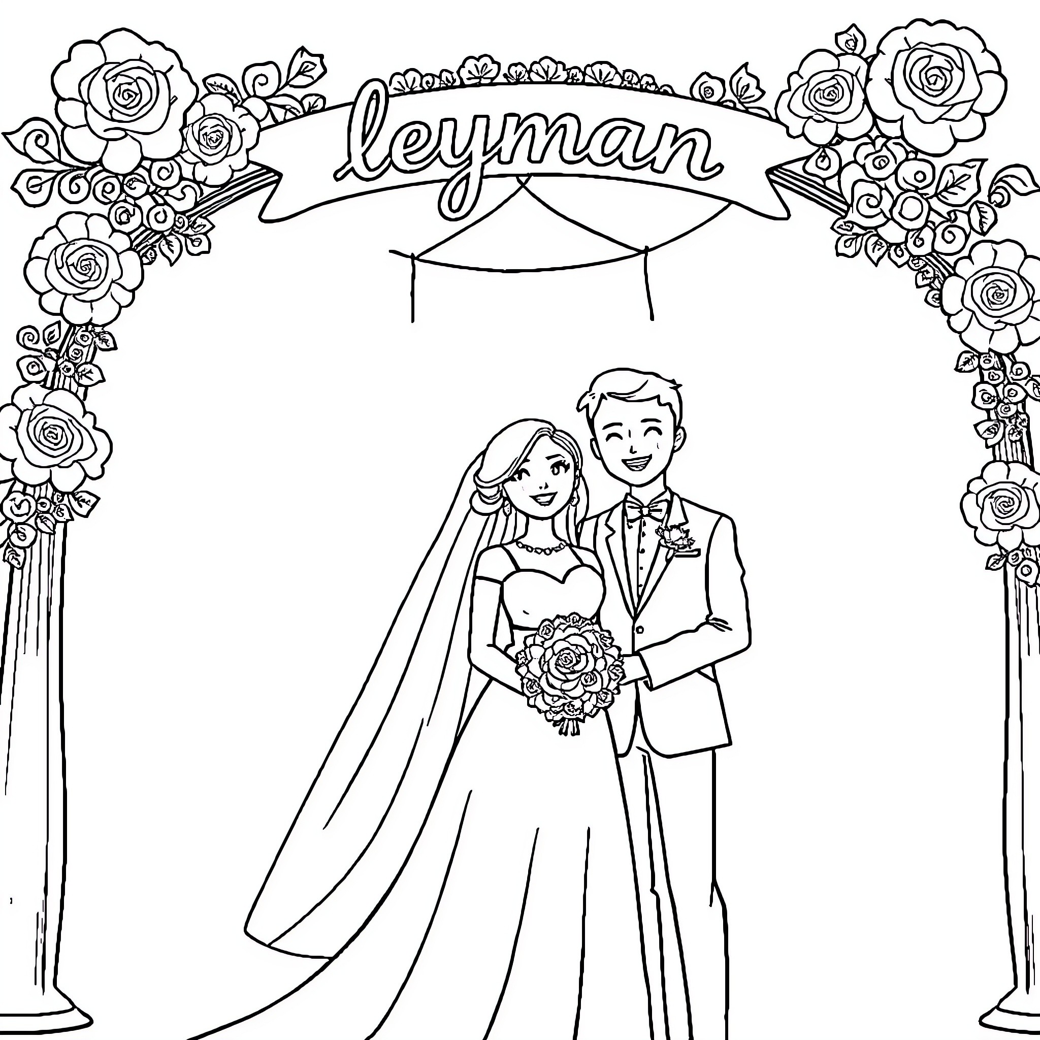 Wedding Couple Posing Under Floral Arch Coloring Page (free black-and-white line drawing printable PDF for all, from beginners to advanced learners, including children, teens, adults, and seniors)