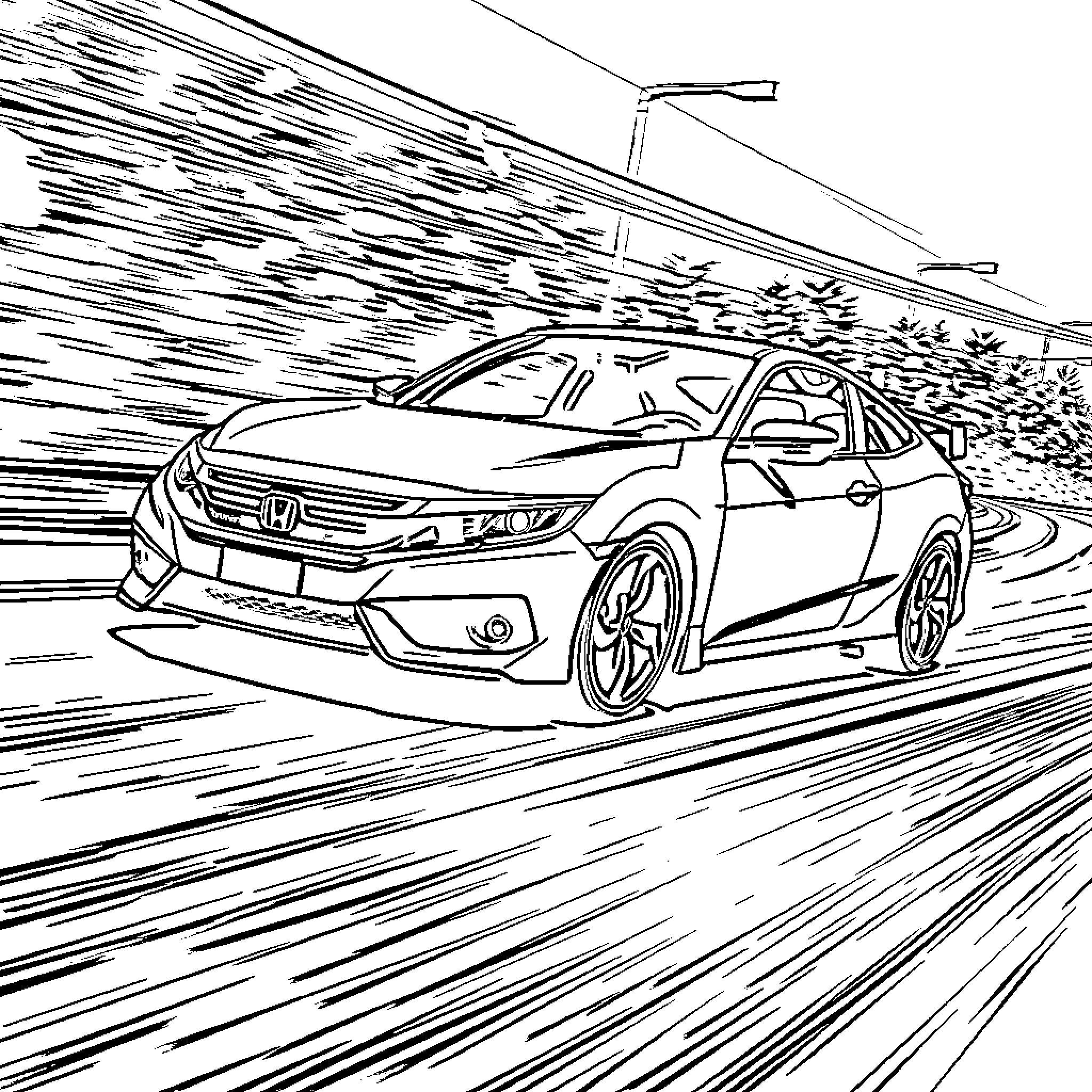 Honda Civic speeding through a scenic road Coloring Page (free black-and-white line drawing printable PDF for all, from beginners to advanced learners, including children, teens, adults, and seniors)