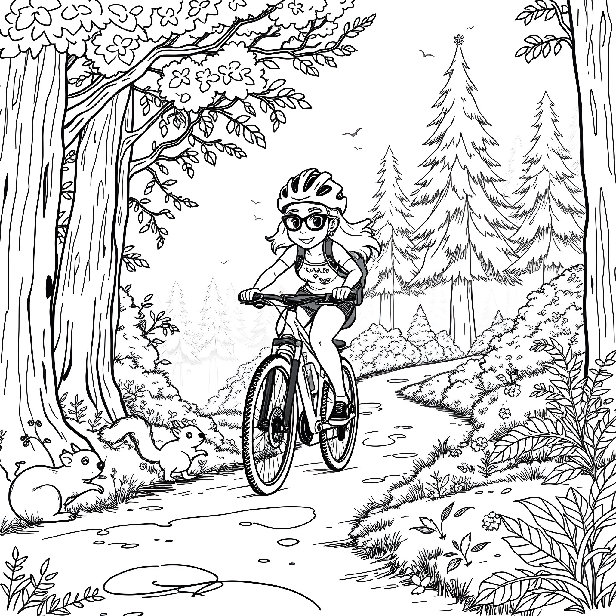 Bluey enjoying a bike ride through the forest Coloring Page (free black-and-white line drawing printable PDF for all, from beginners to advanced learners, including children, teens, adults, and seniors)