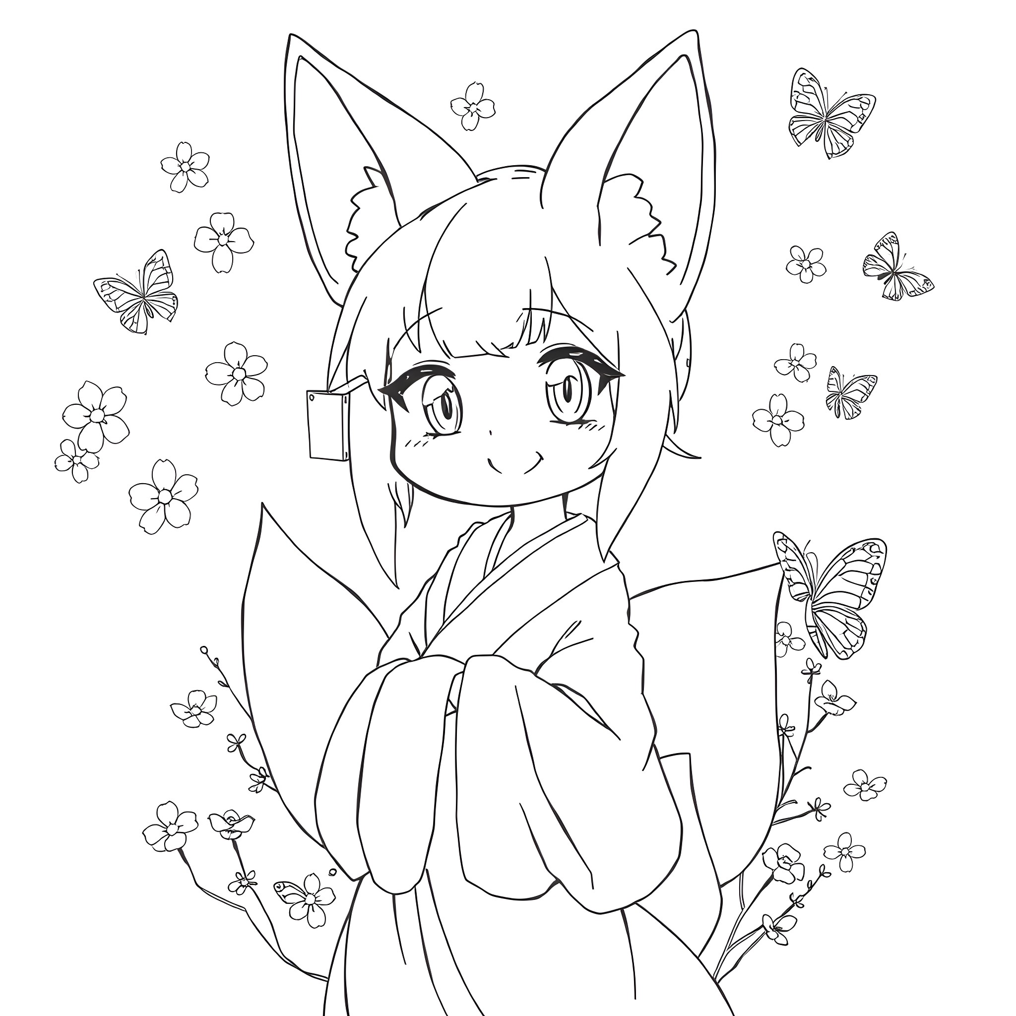 Fox Girl enjoying nature with butterflies and flowers Coloring Page (free black-and-white line drawing printable PDF for all, from beginners to advanced learners, including children, teens, adults, and seniors)