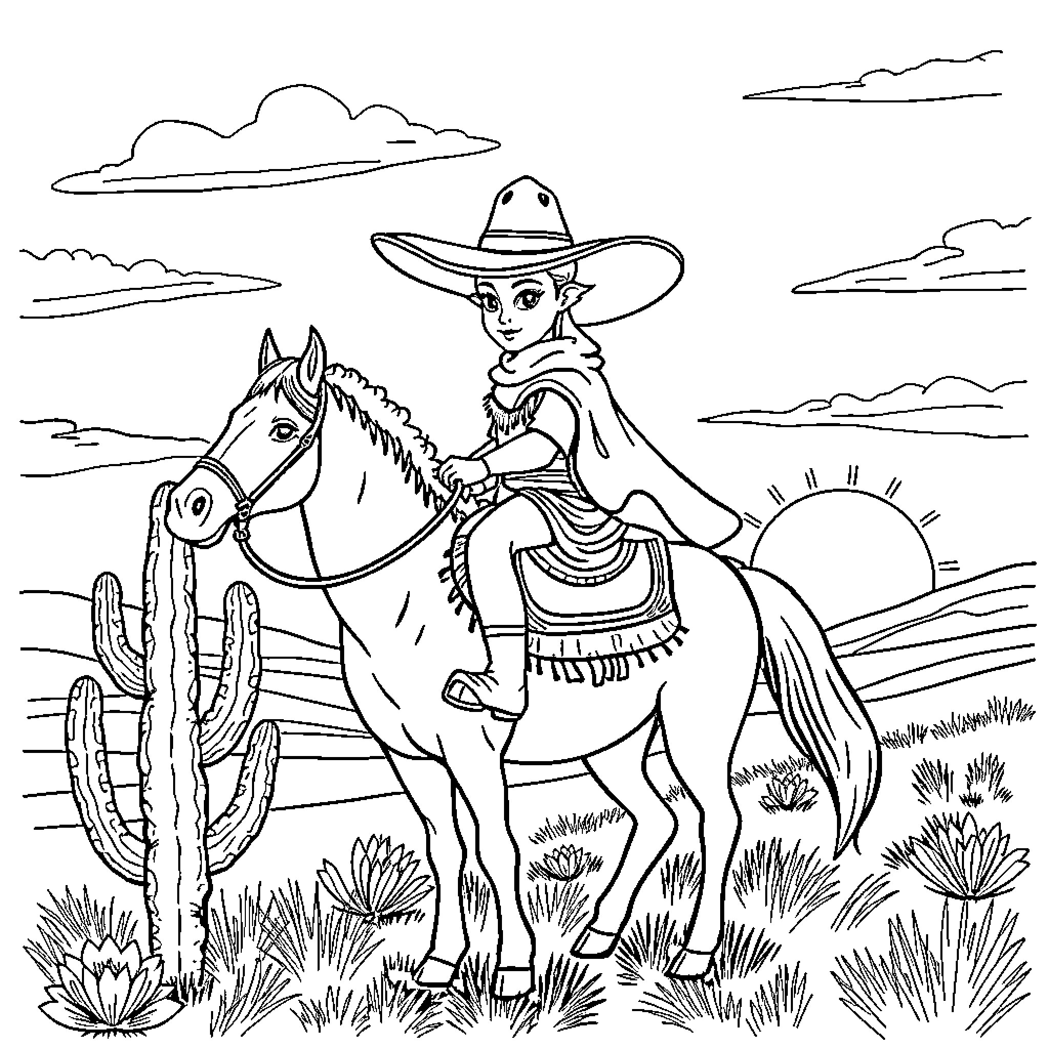 Capybara Cowboy Riding Horse in Desert Landscape Coloring Page (free black-and-white line drawing printable PDF for all, from beginners to advanced learners, including children, teens, adults, and seniors)