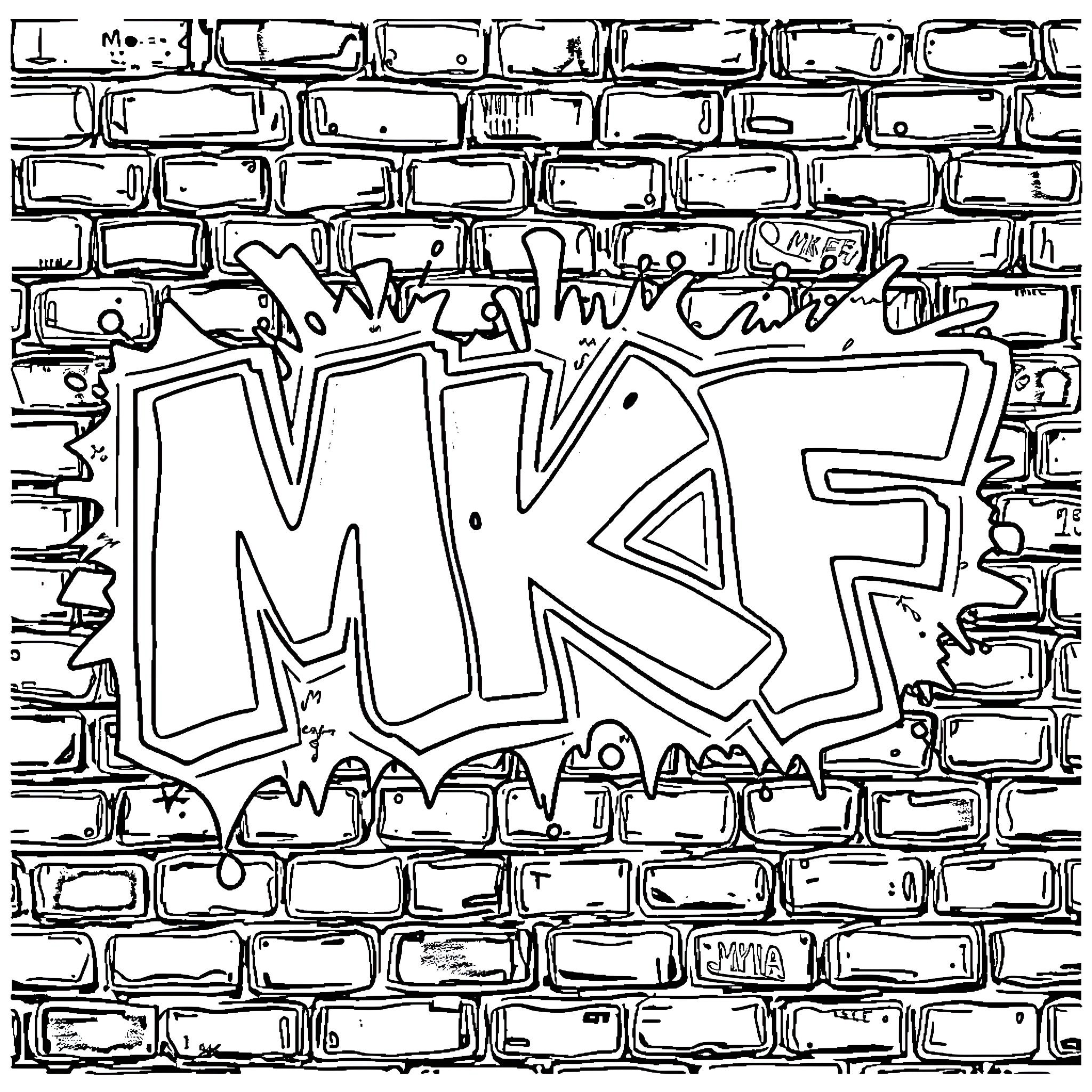 Graffiti of stylized initials on a brick wall Coloring Page (free black-and-white line drawing printable PDF for all, from beginners to advanced learners, including children, teens, adults, and seniors)