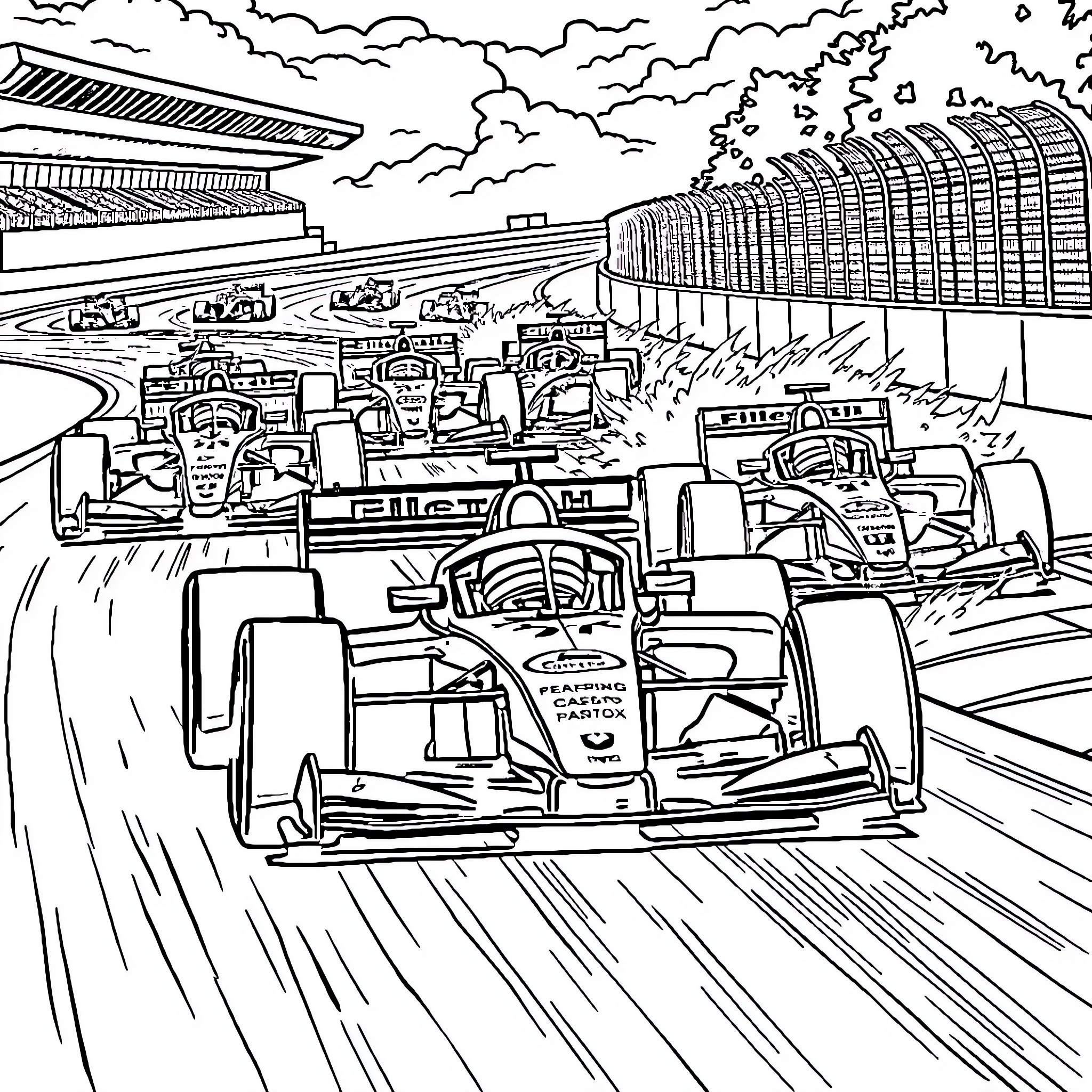 Formula 1 Car Race on Racetrack with Crowds Coloring Page (free black-and-white line drawing printable PDF for all, from beginners to advanced learners, including children, teens, adults, and seniors)