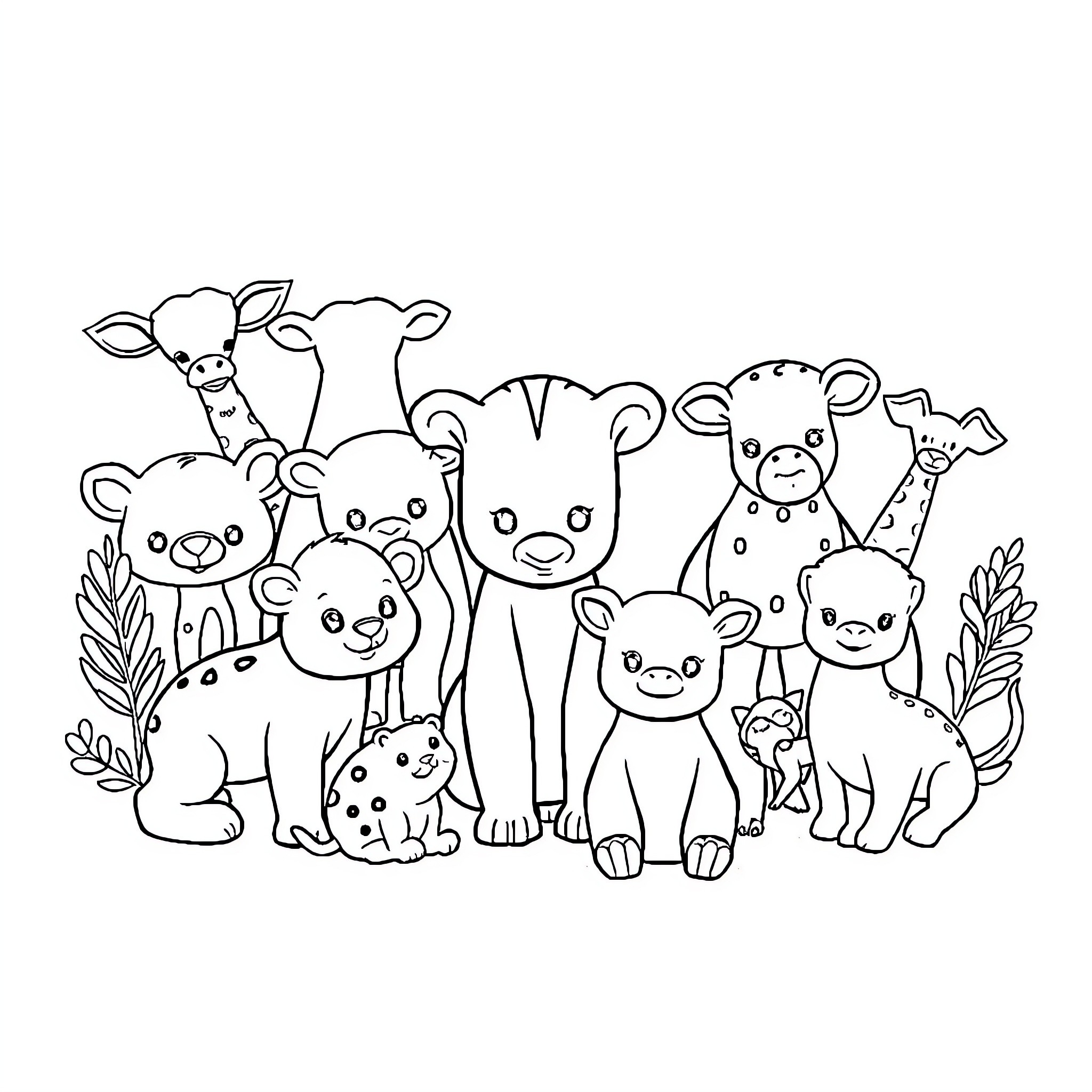 Baby Animals Gathered Together in a Playful Scene Coloring Page (free black-and-white line drawing printable PDF for all, from beginners to advanced learners, including children, teens, adults, and seniors)