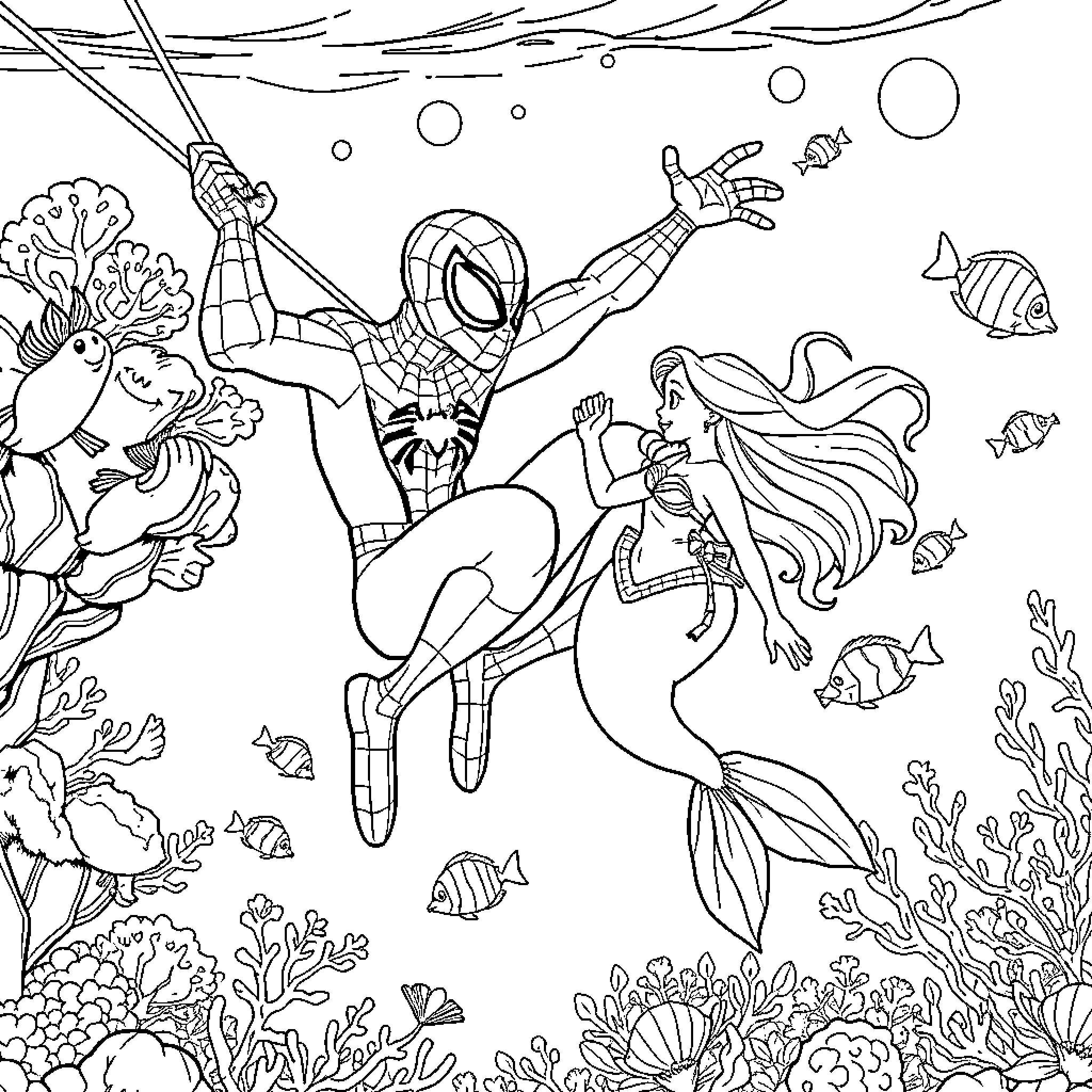 Spiderman swimming with mermaid in underwater coral reef Coloring Page (free black-and-white line drawing printable PDF for all, from beginners to advanced learners, including children, teens, adults, and seniors)