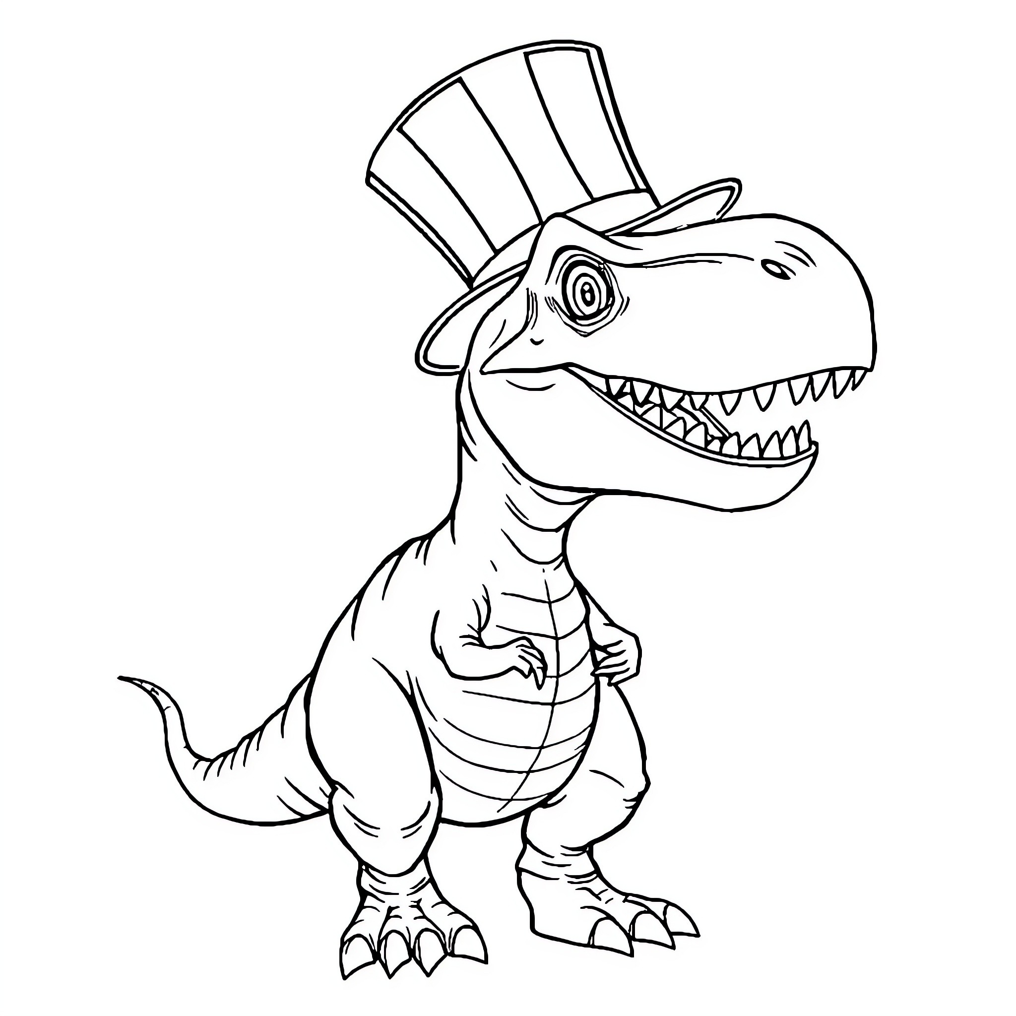 T-Rex wearing a top hat and smiling Coloring Page (free black-and-white line drawing printable PDF for all, from beginners to advanced learners, including children, teens, adults, and seniors)