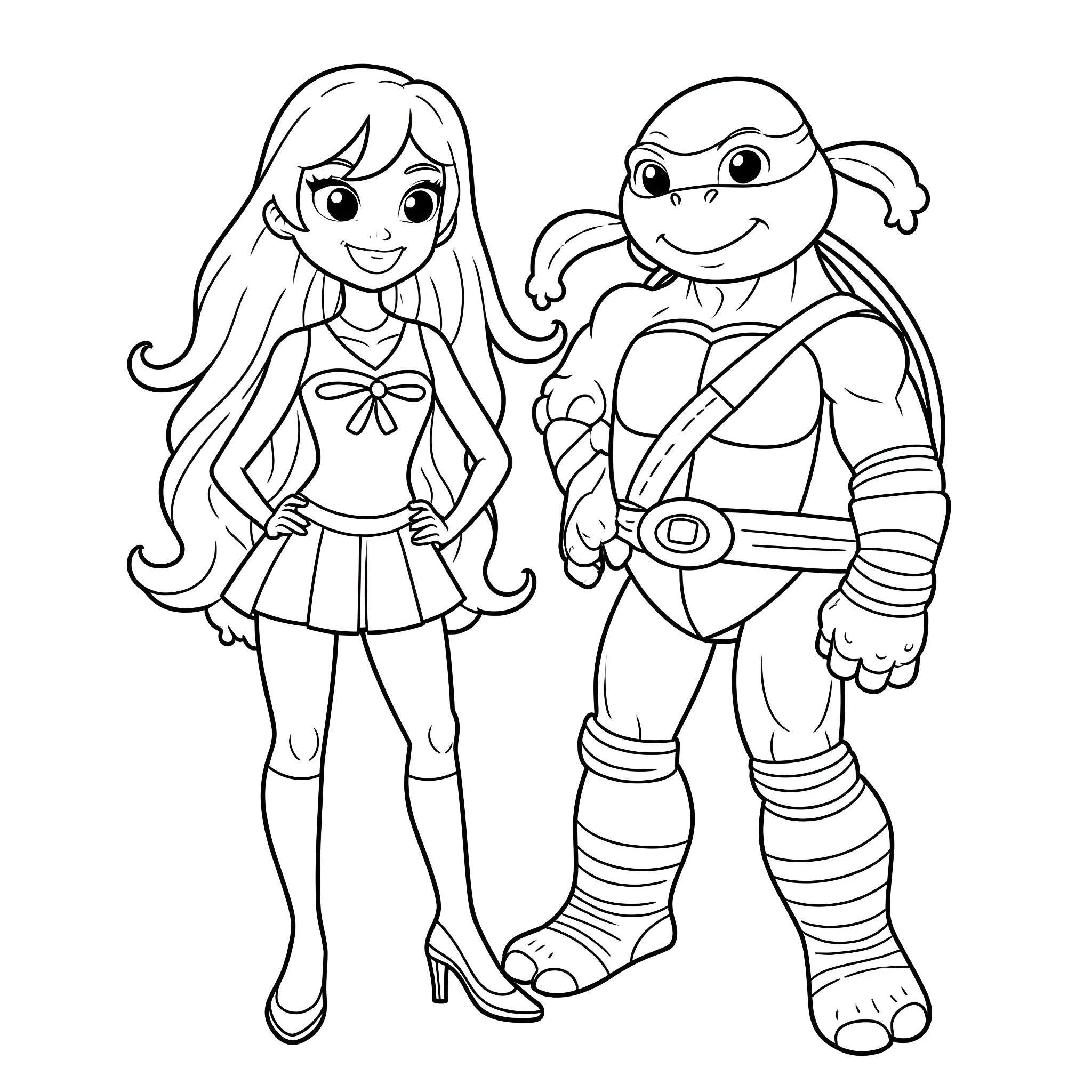 Rainbow Brite and Ninja Turtle hanging out Coloring Page (free black-and-white line drawing printable PDF for all, from beginners to advanced learners, including children, teens, adults, and seniors)