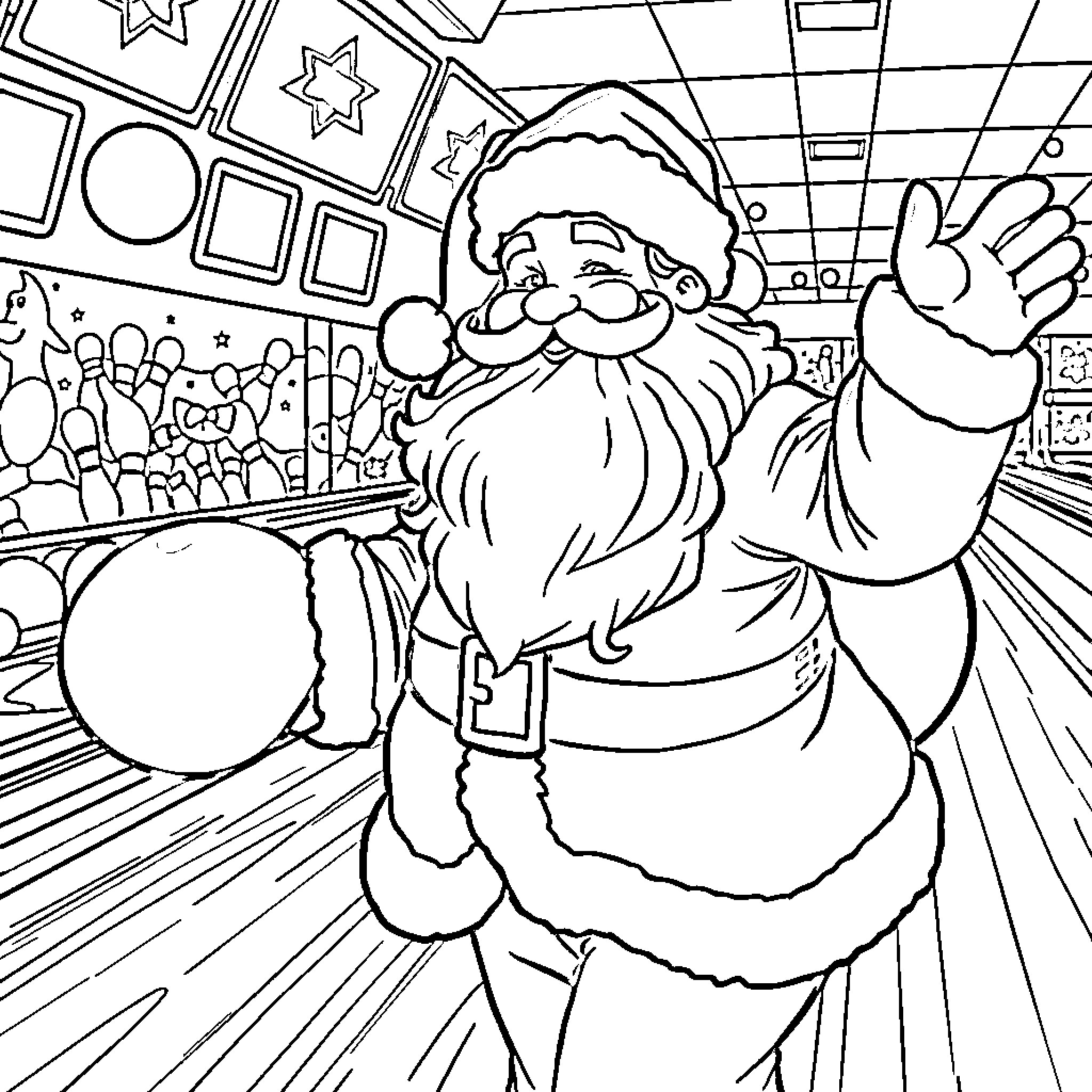Santa waving happily in Christmas store Coloring Page (free black-and-white line drawing printable PDF for all, from beginners to advanced learners, including children, teens, adults, and seniors)