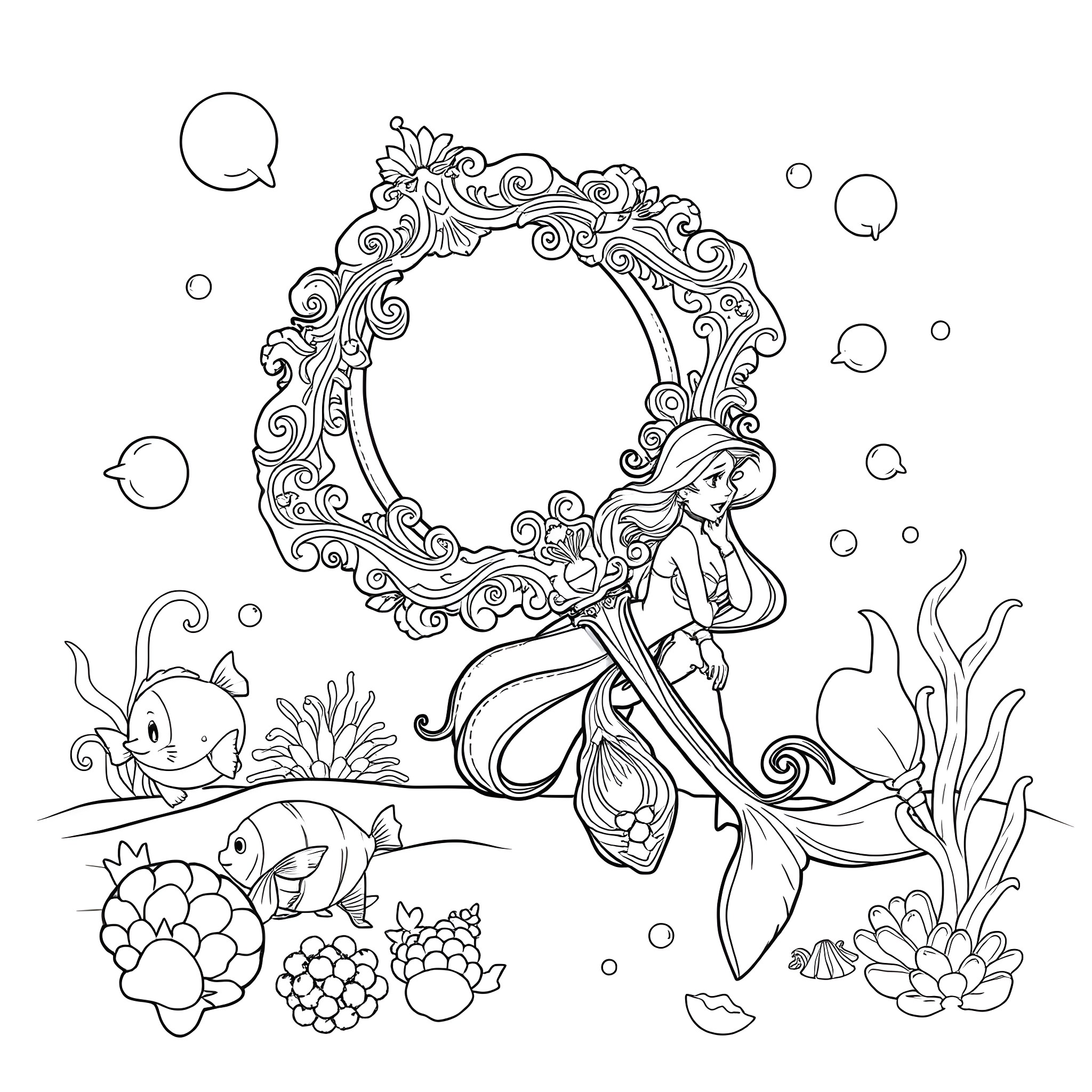 Mermaid swimming around a decorative mirror with sea creatures Coloring Page (free black-and-white line drawing printable PDF for all, from beginners to advanced learners, including children, teens, adults, and seniors)